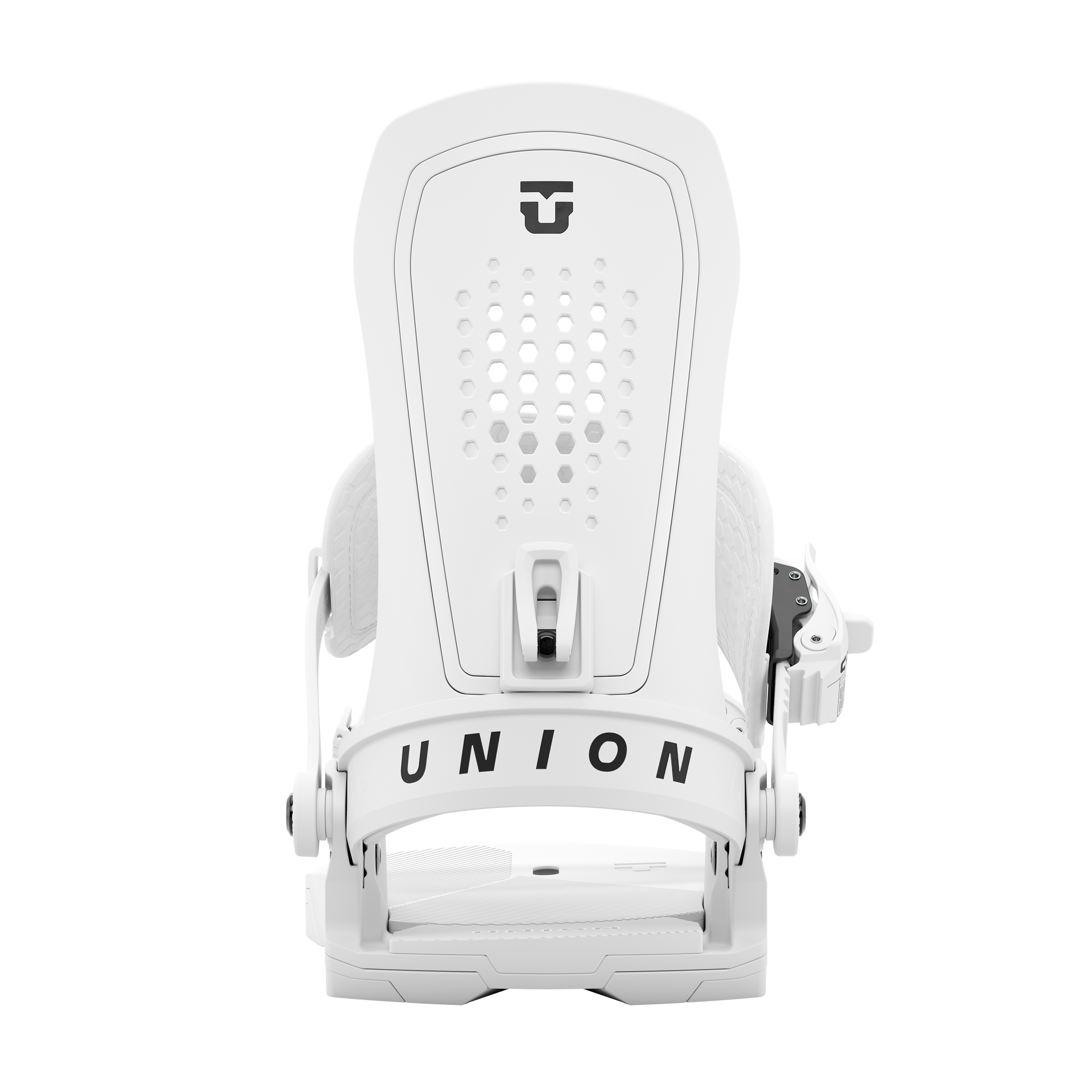 Union Force snowboard binding in white, showing the rear view with straps and high-back support for winter snowboarding.