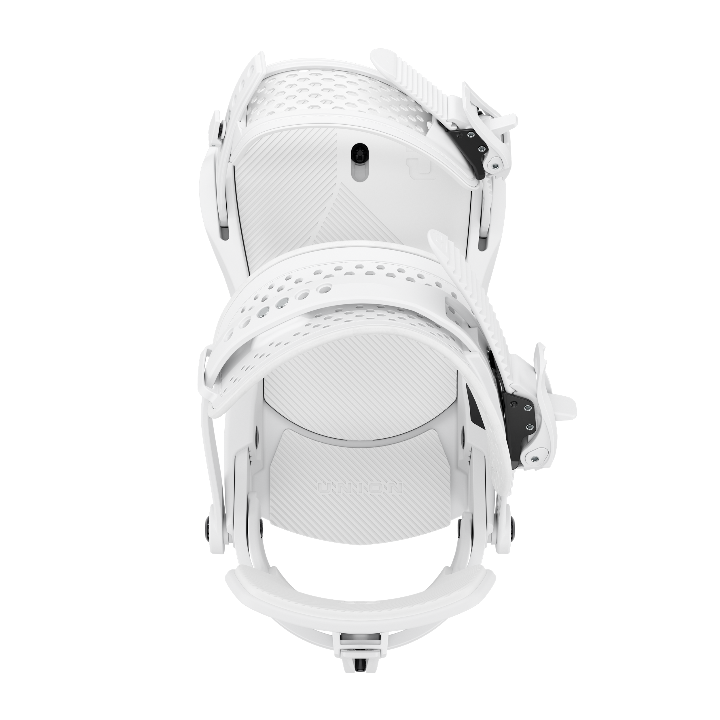 White Union Force snowboard binding mounted on a snowboard, showcasing durable construction and adjustable straps for snowboarding.