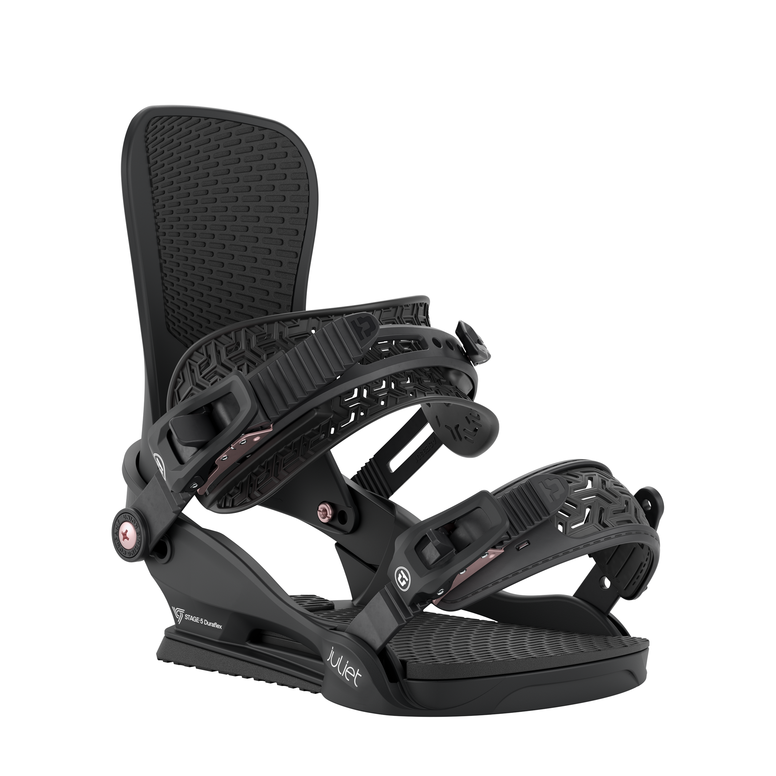 Union Juliet women's snowboard binding in black, with front view showing adjustable straps and high-back support for snowboarding.
