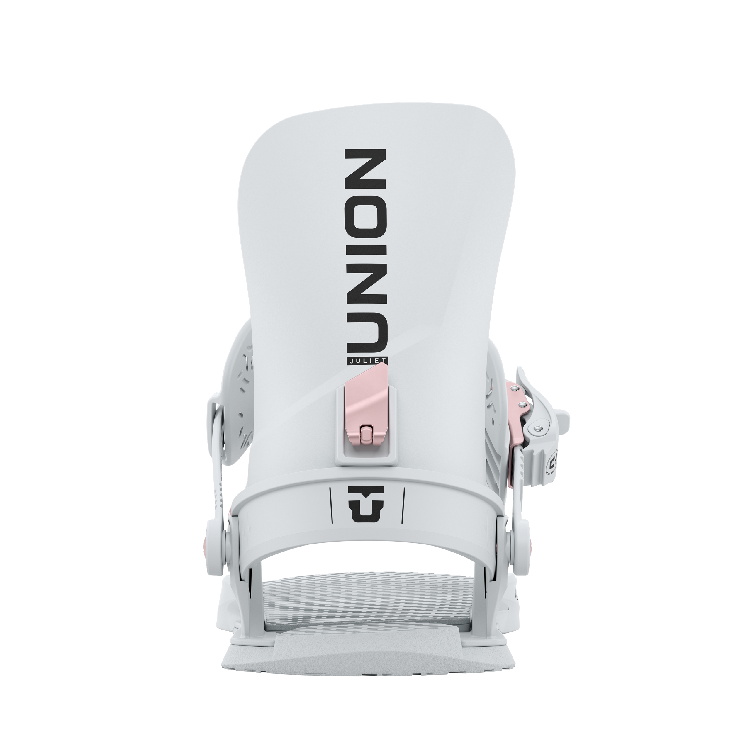Union Juliet women's snowboard binding in light grey, showing the rear view of the Union Juliet snowboard binding for women.