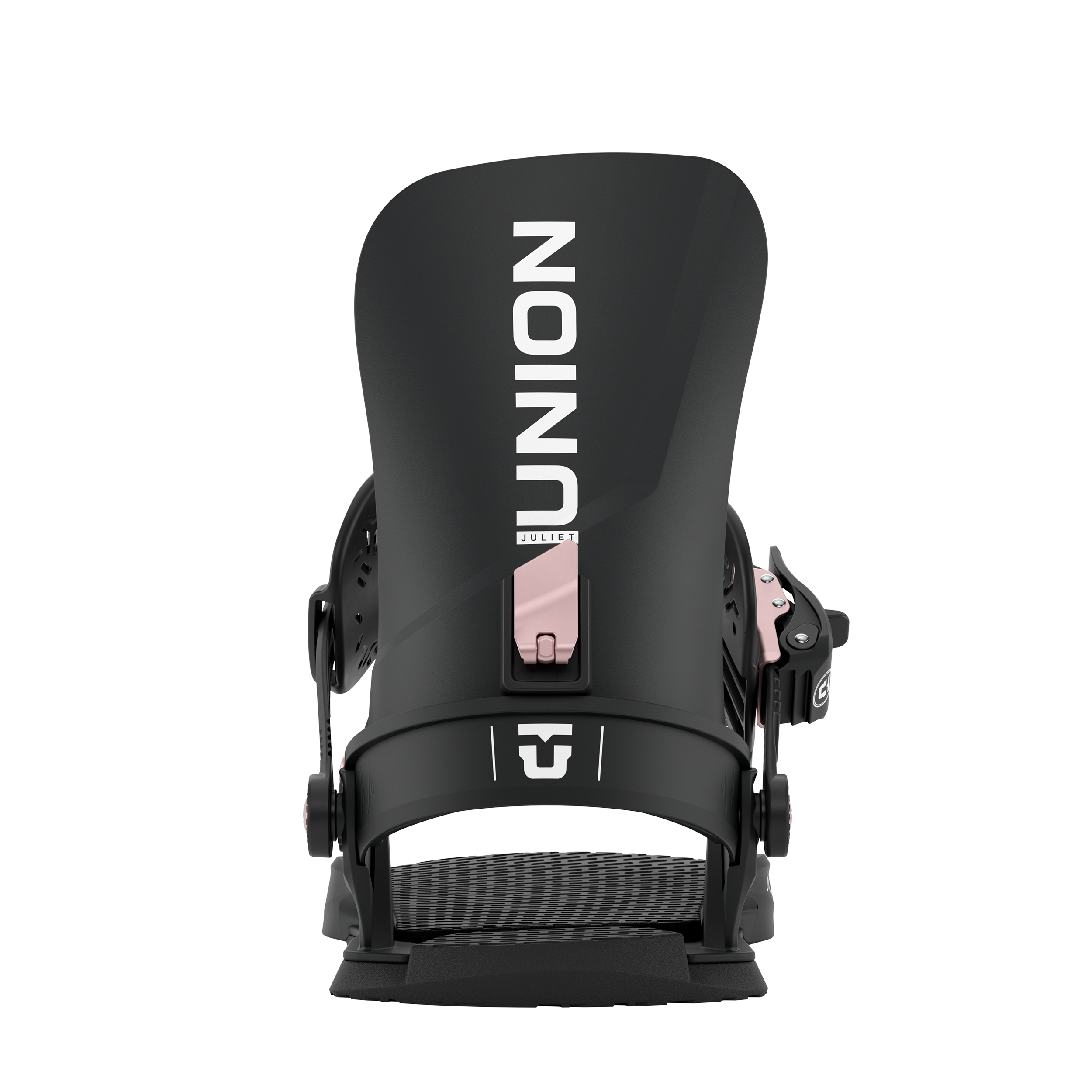 Union Juliet women's snowboard binding in black, shown from the rear view, designed for snowboarding in winter conditions.