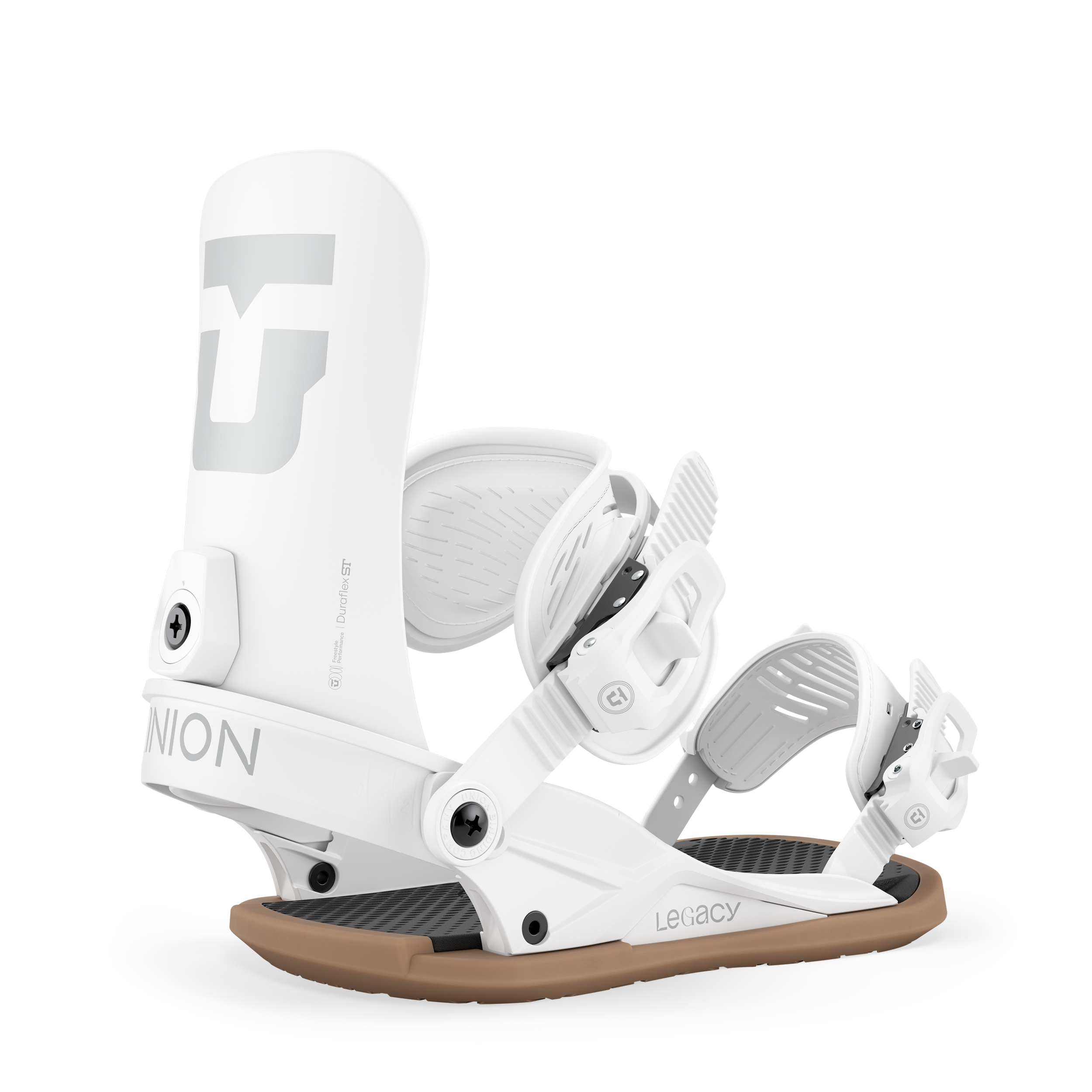 Union Legacy Women's Snowboard Binding in white, designed for snowboarding, with adjustable straps and durable construction.