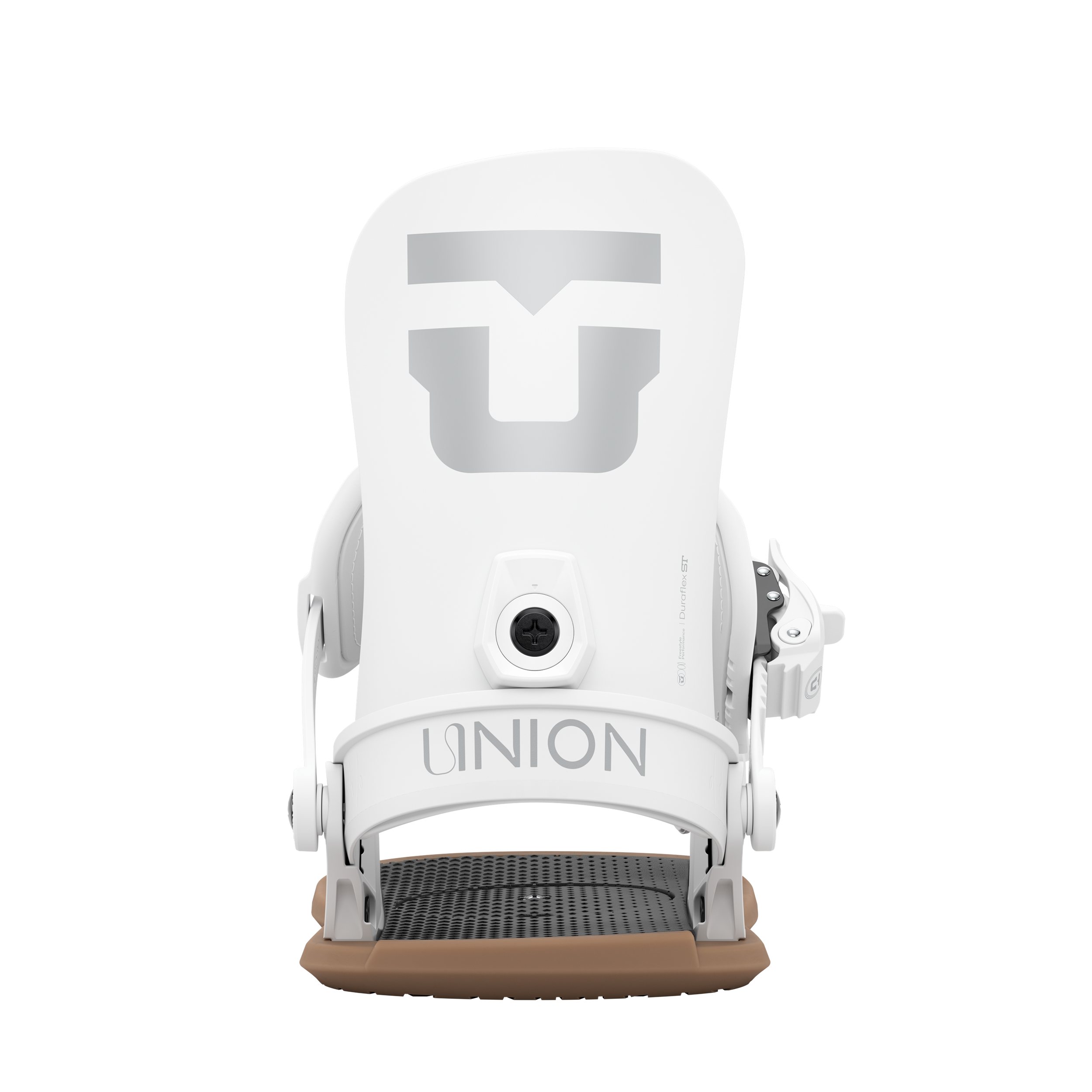 Union Legacy Women's snowboard binding, white color, rear view showing ankle straps and high-back design for snowboarding.