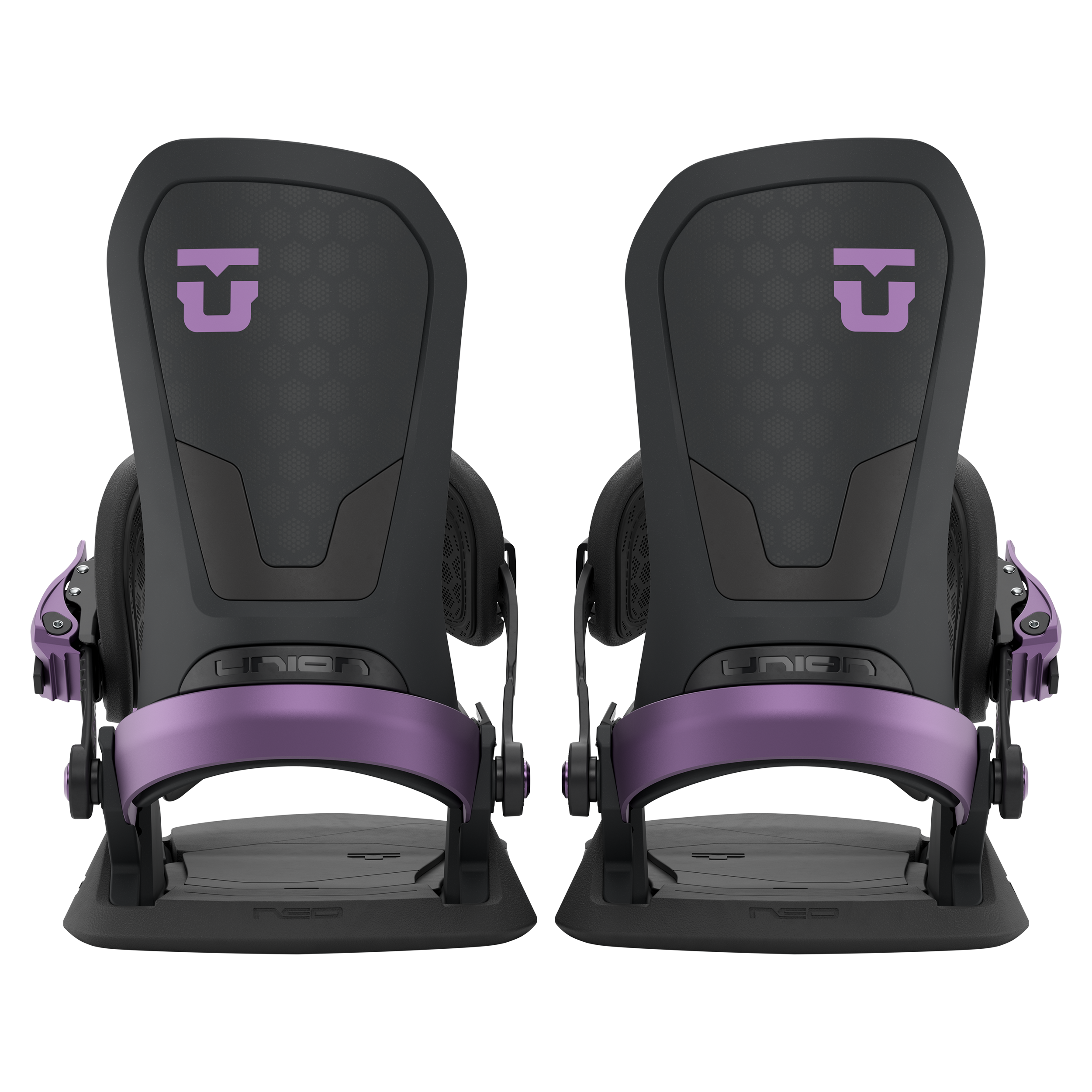 Union Neo snowboard binding in black, rear view, showcasing adjustable straps and high-back support for snowboarding.