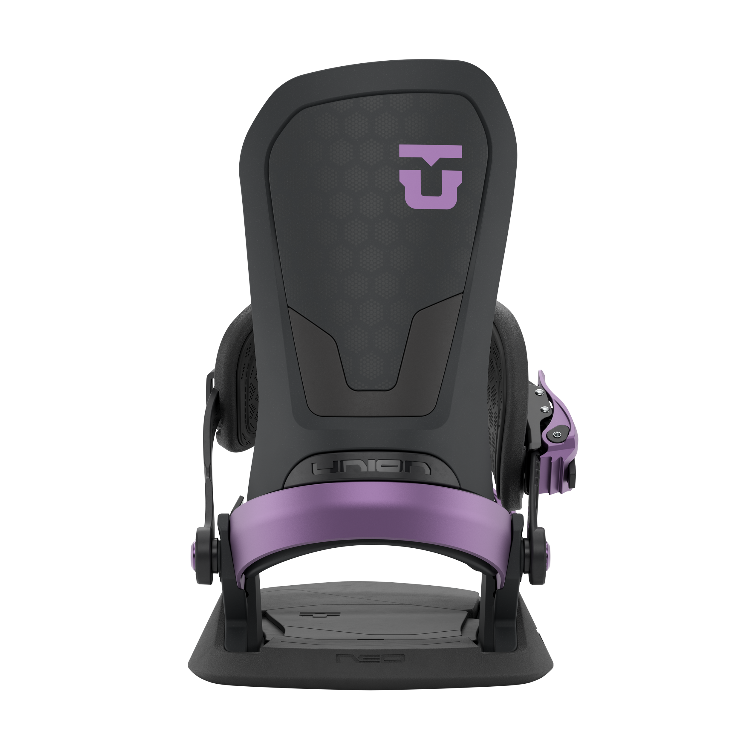 Union Neo snowboard binding in black, rear view showing adjustable straps and high-back support for snowboarding.