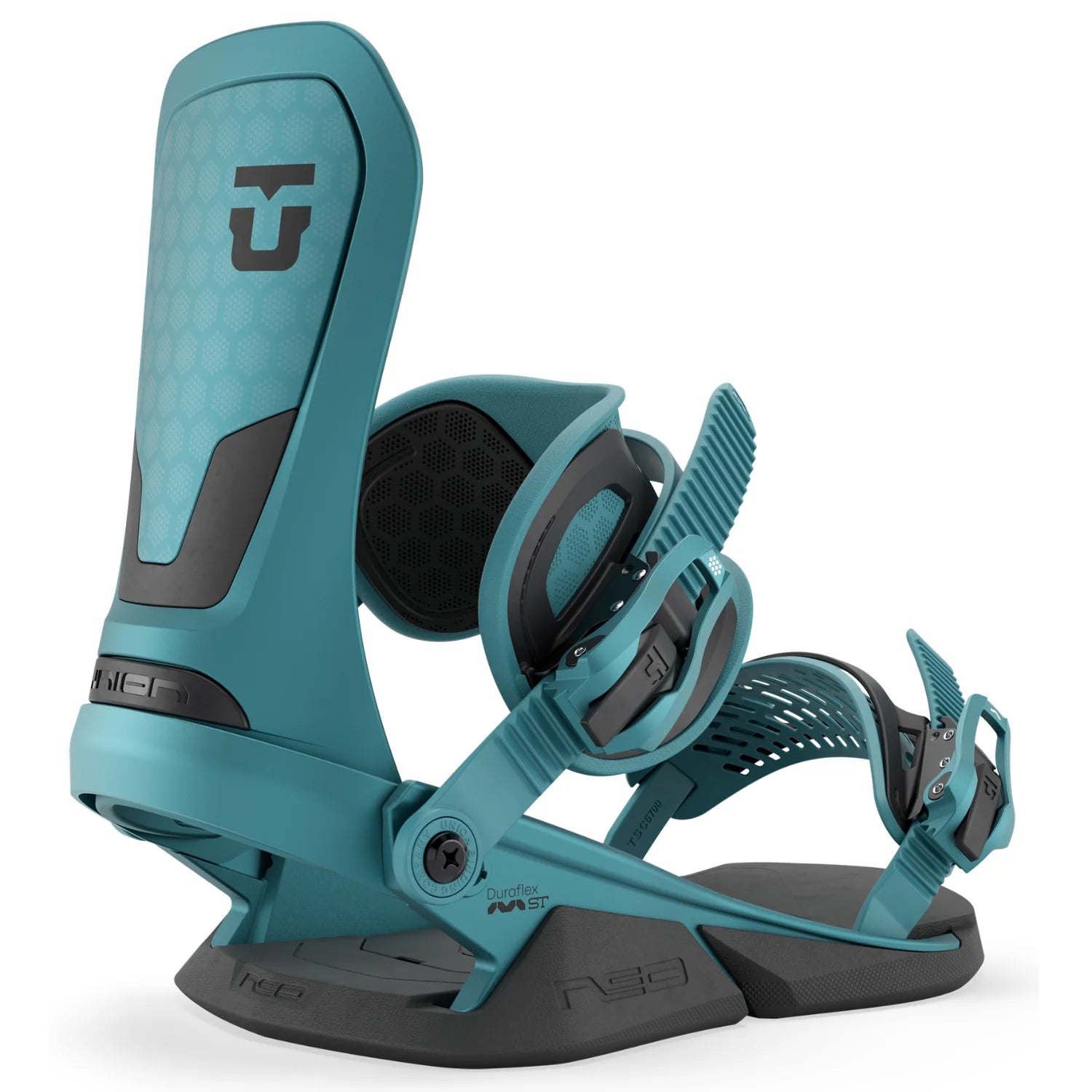Union Neo Snowboard Binding 2027 mounted on a snowboard, featuring adjustable straps and high-back support for snowboarding.
