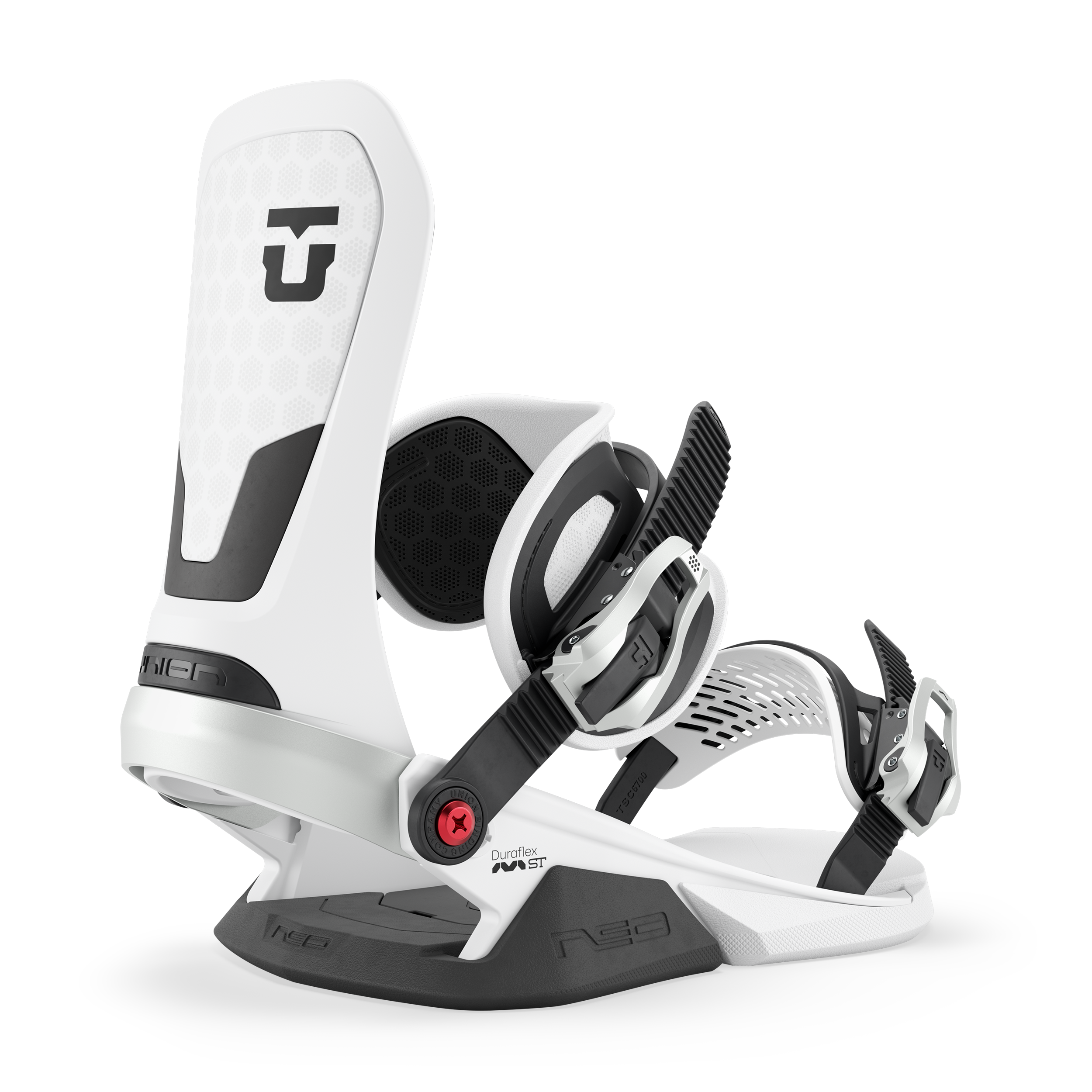 Union Neo Snowboard Binding 2027 in white with adjustable straps and high-back support for snowboarding.