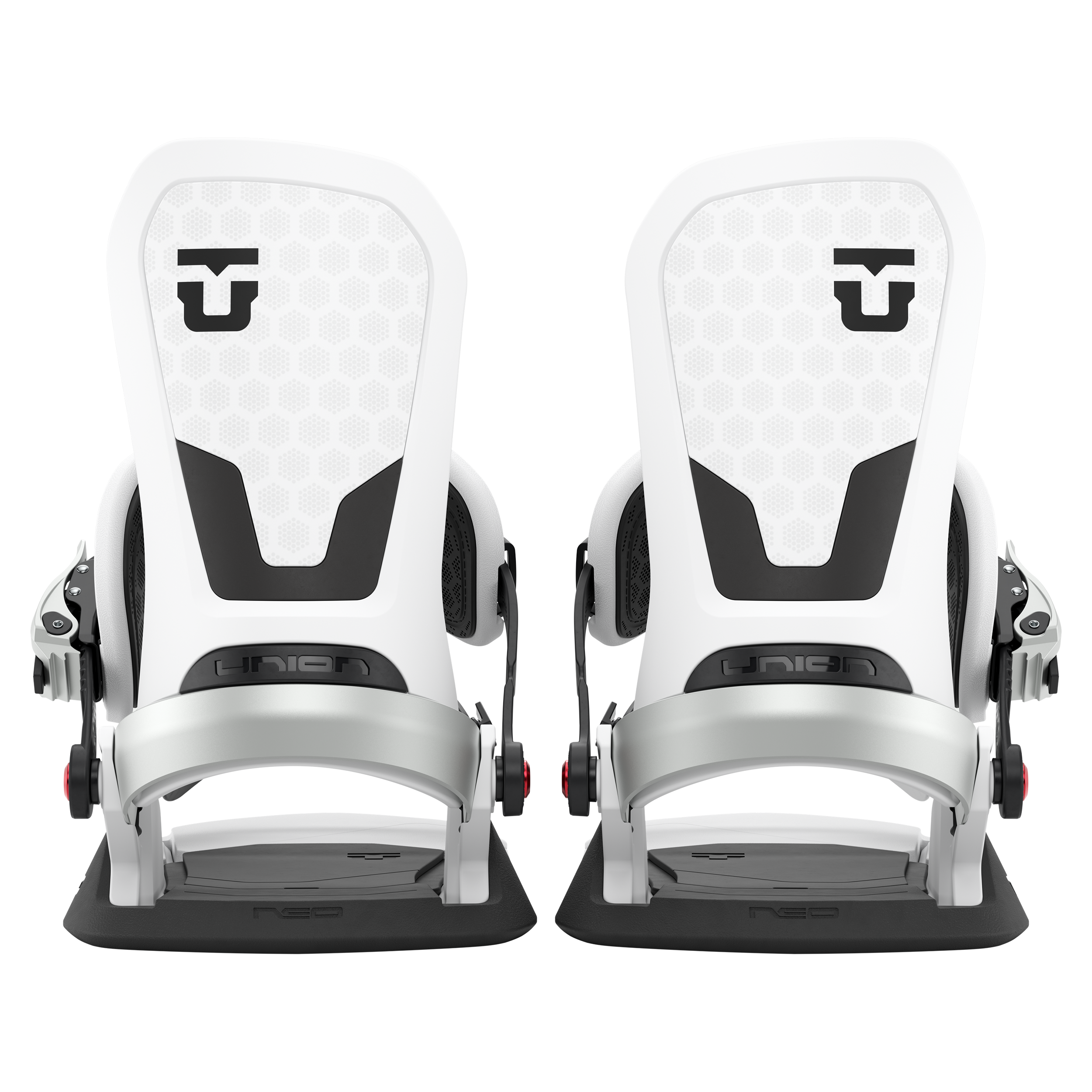 Union Neo snowboard binding in white, rear view showing adjustable straps and high-back support for snowboarding.