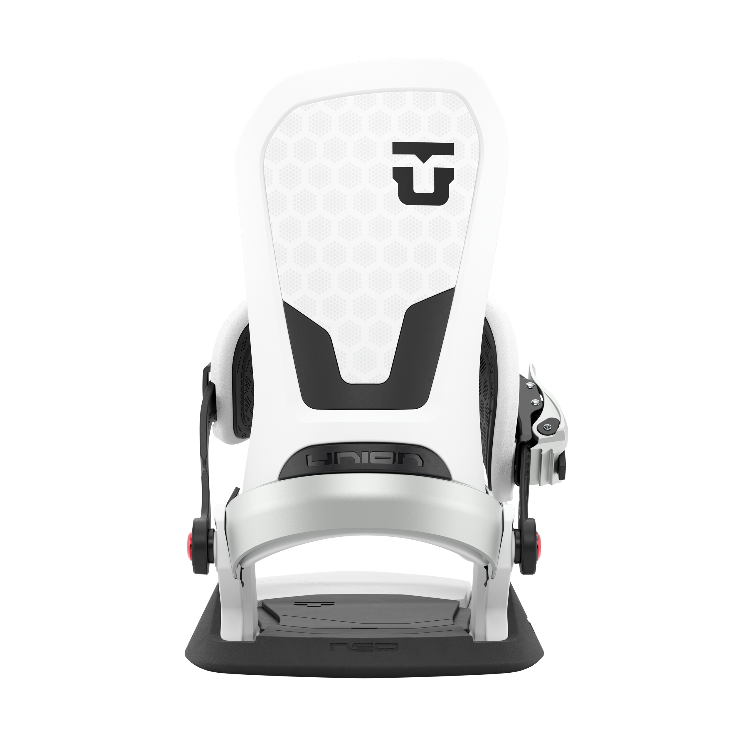 Union Neo snowboard binding in white, rear view showing adjustable straps and high-back support for snowboarding.