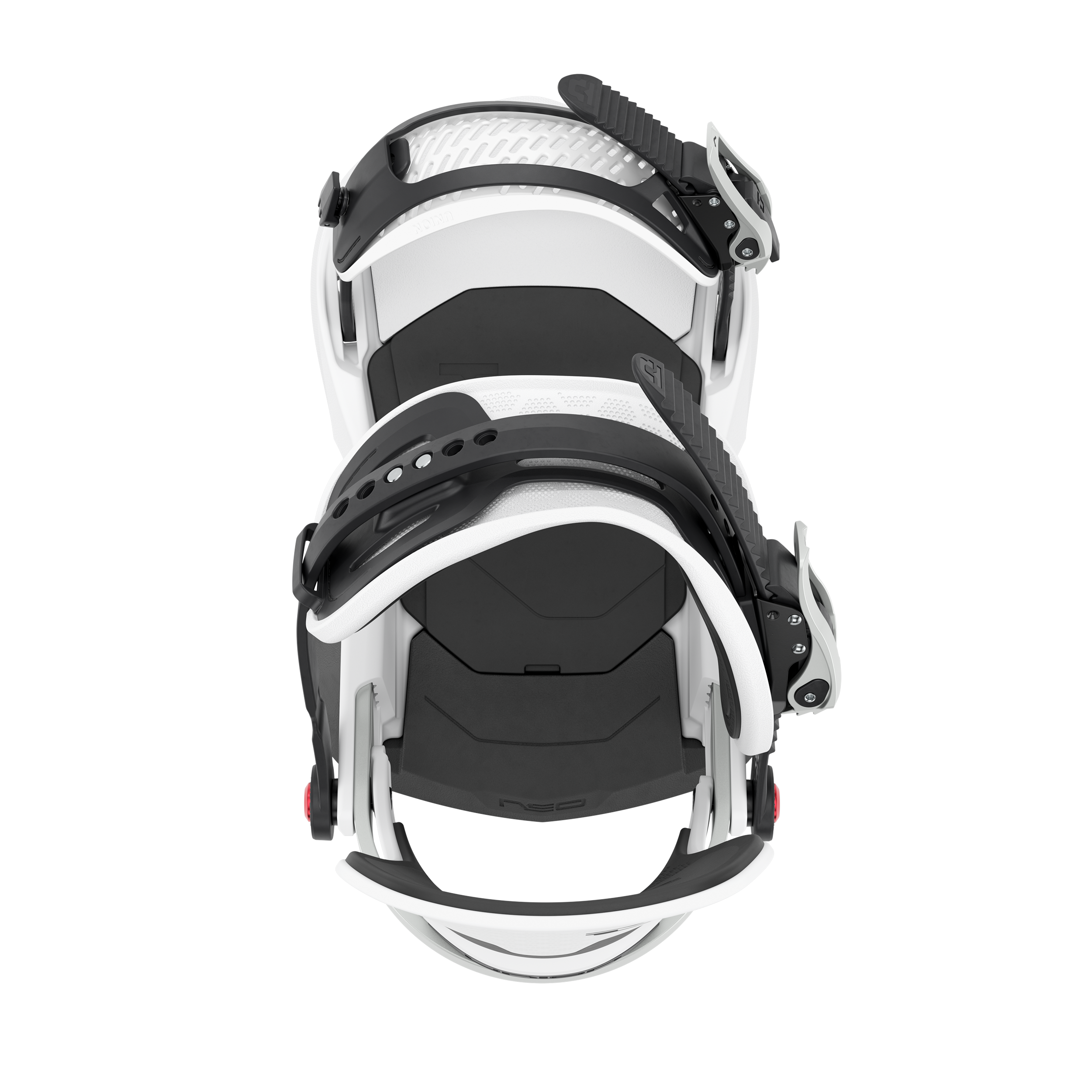 Union Neo snowboard binding in white, featuring adjustable straps and high-back support for snowboarding performance.