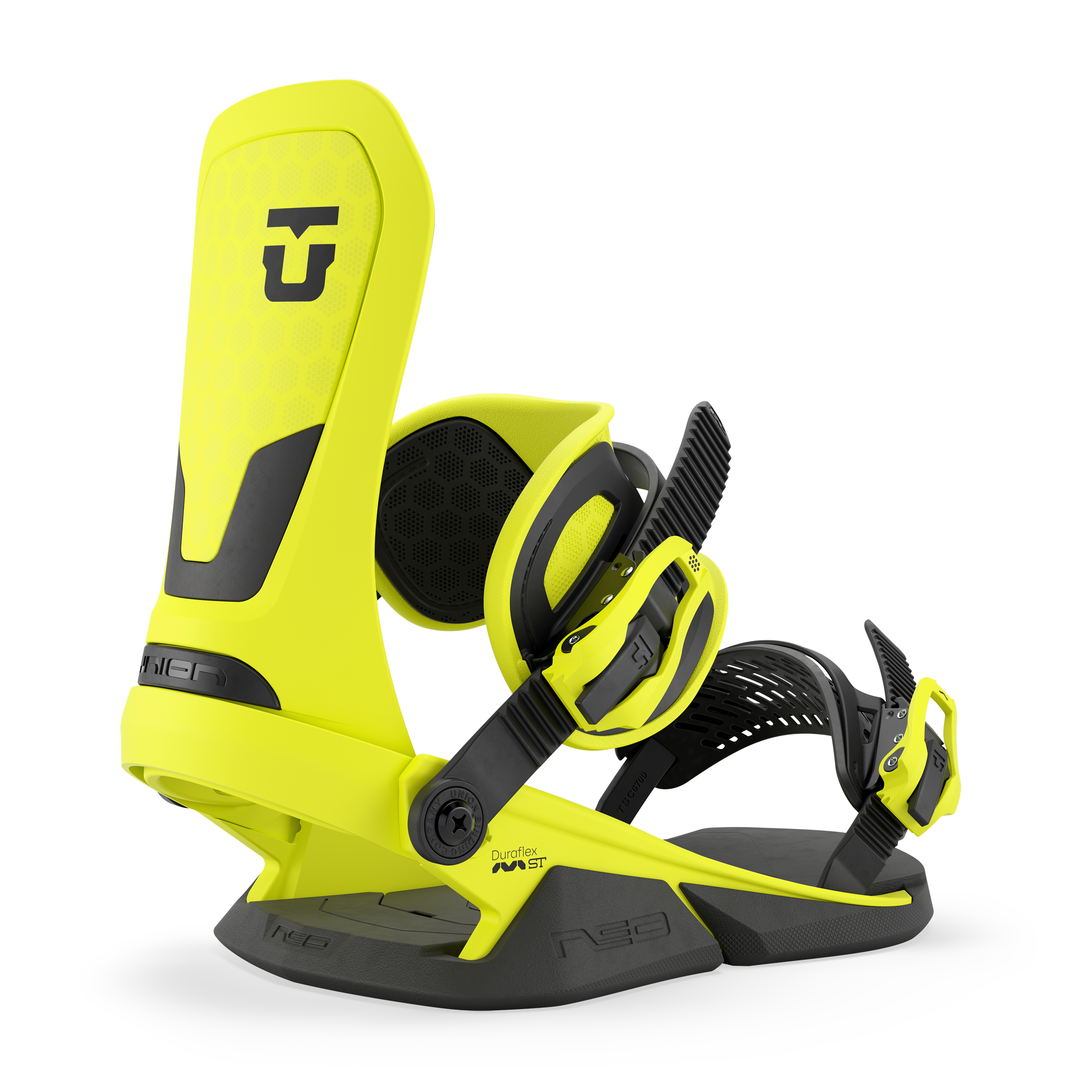 Union Neo snowboard binding in neon yellow, designed for snowboarding with adjustable straps and sturdy construction.