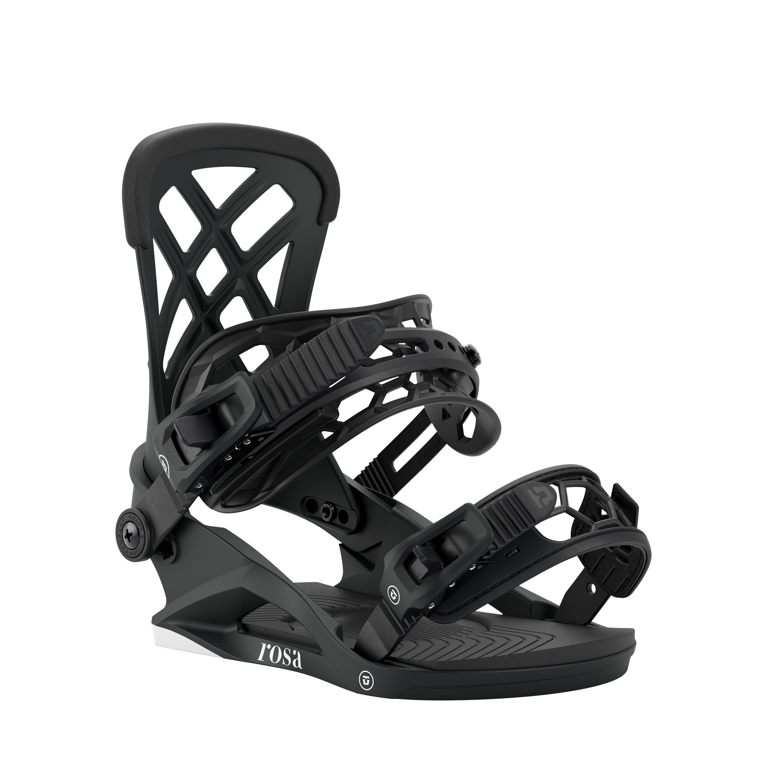 Union Rosa women's snowboard binding in black, featuring adjustable straps and high-back support for winter snowboarding.