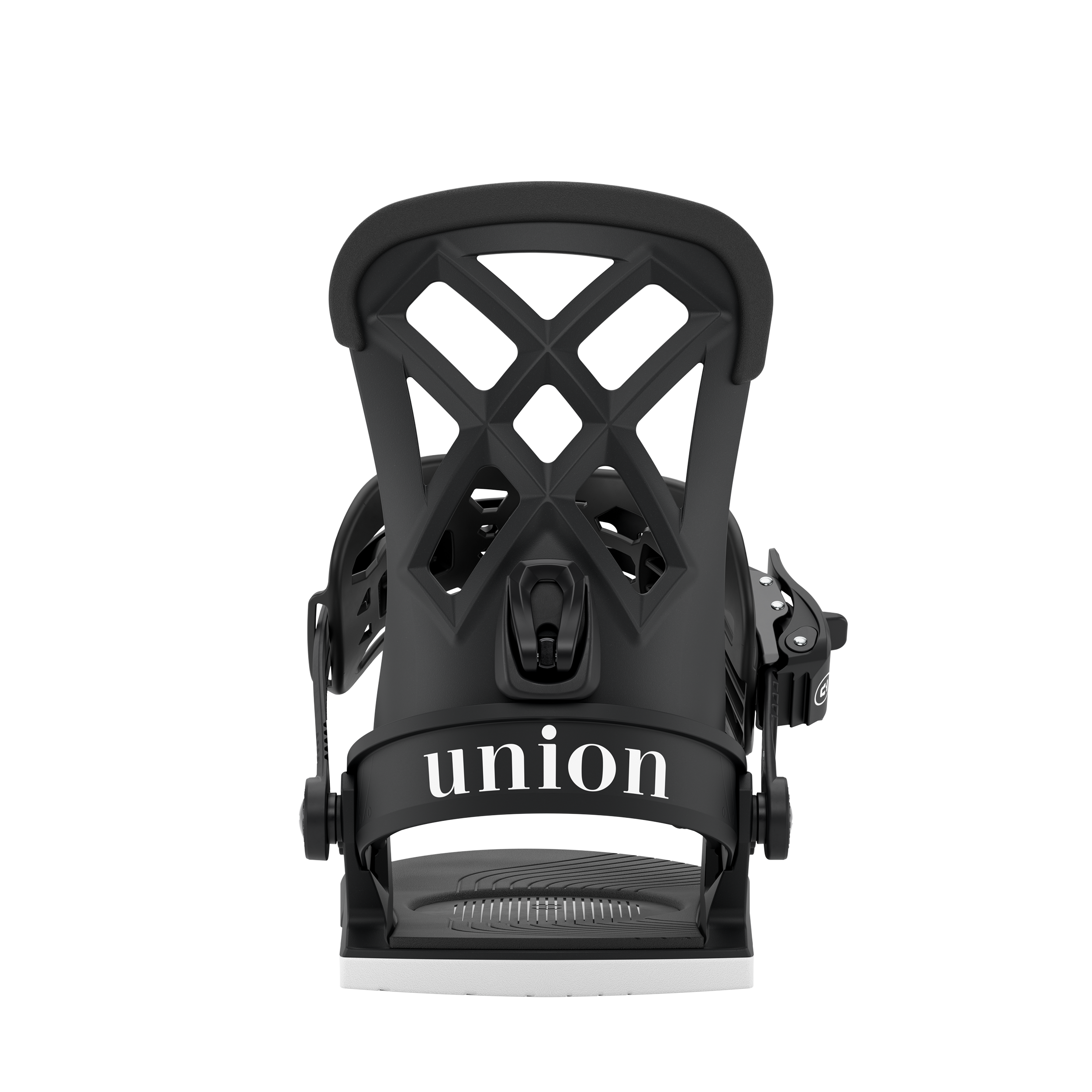 Union Rosa women's snowboard binding in black, shown from rear view, designed for snowboarding performance and style.