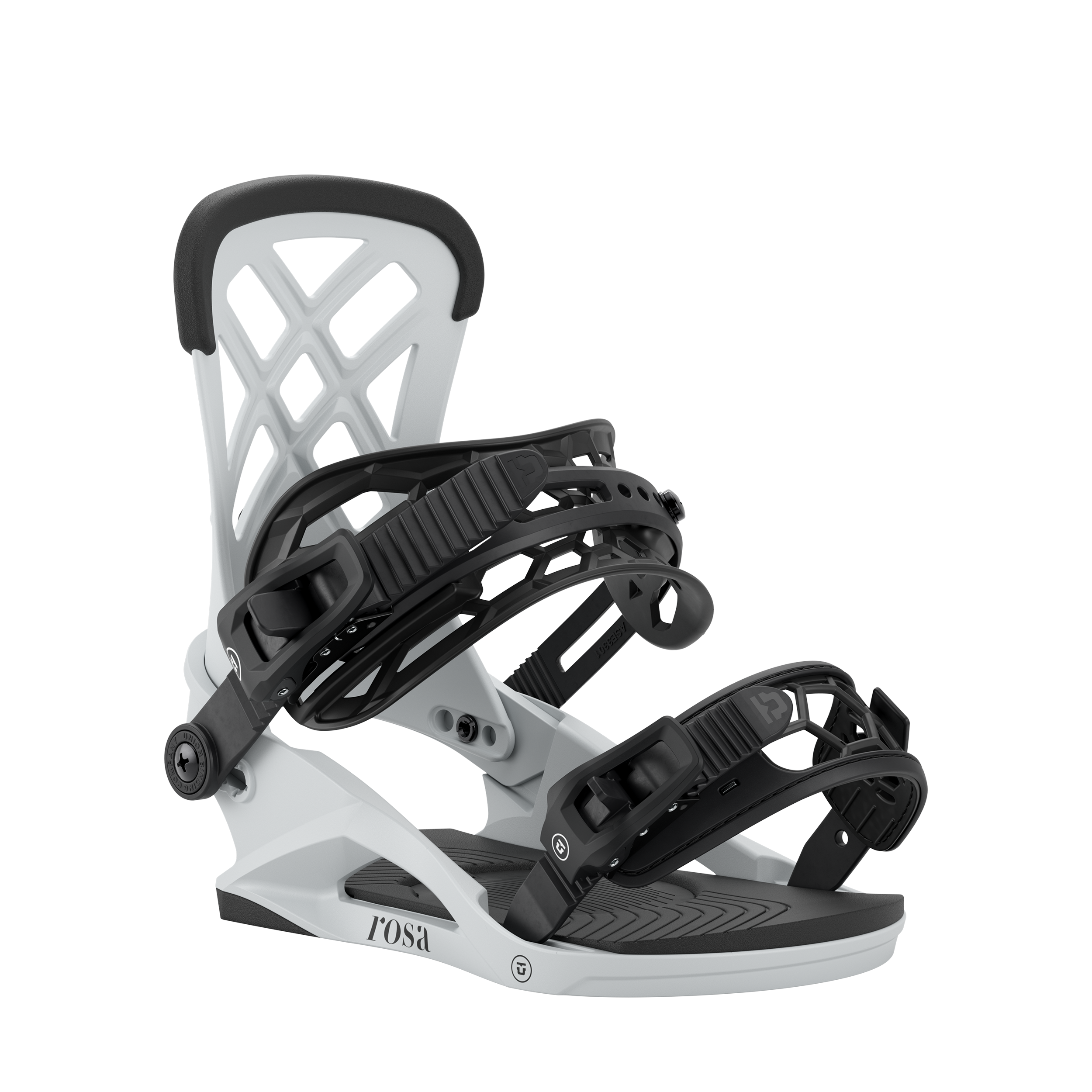 Union Rosa women's snowboard binding in light grey, designed for snowboarding with adjustable straps and durable construction.