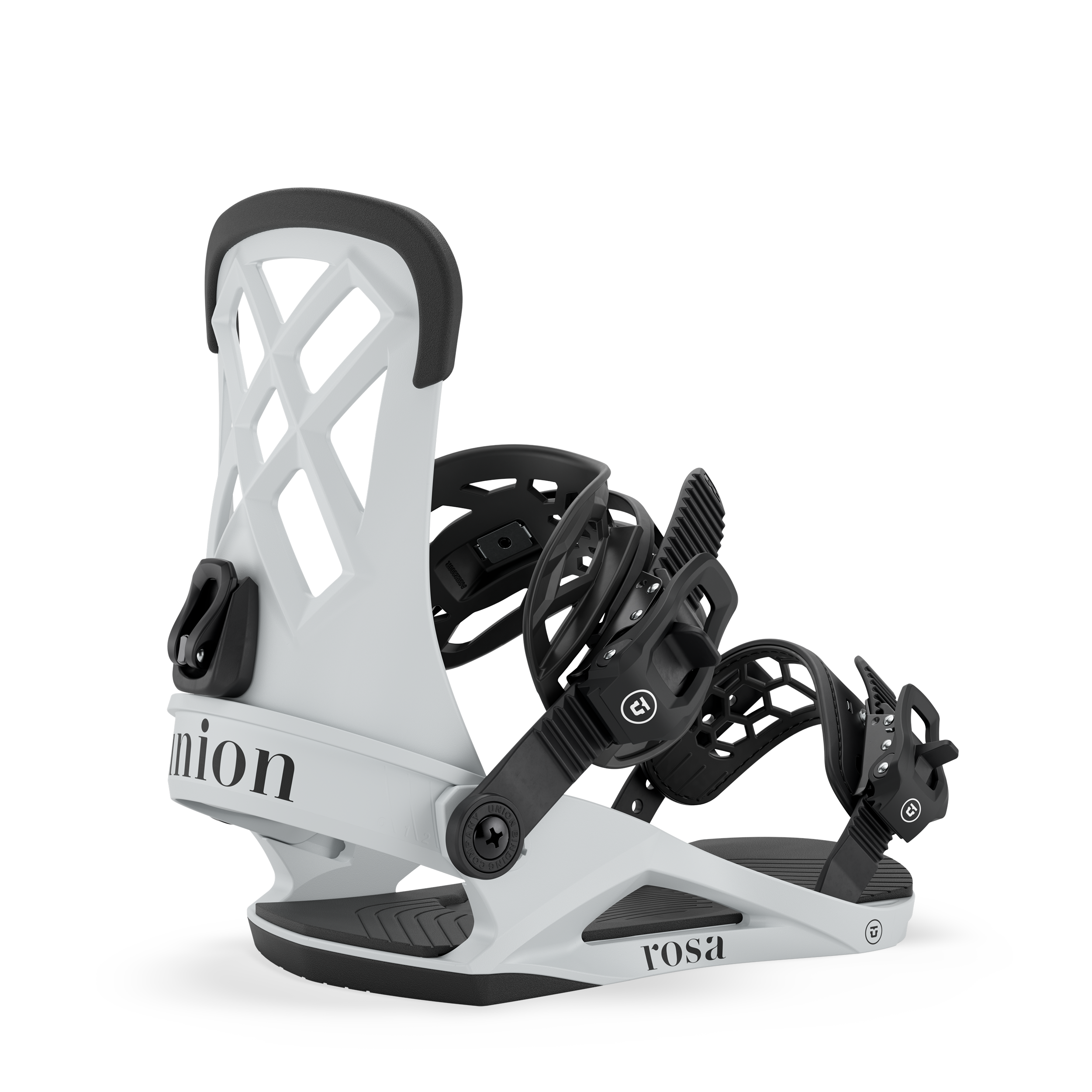 Union Rosa women's snowboard binding in light grey, designed for snowboarding with adjustable straps and durable construction.