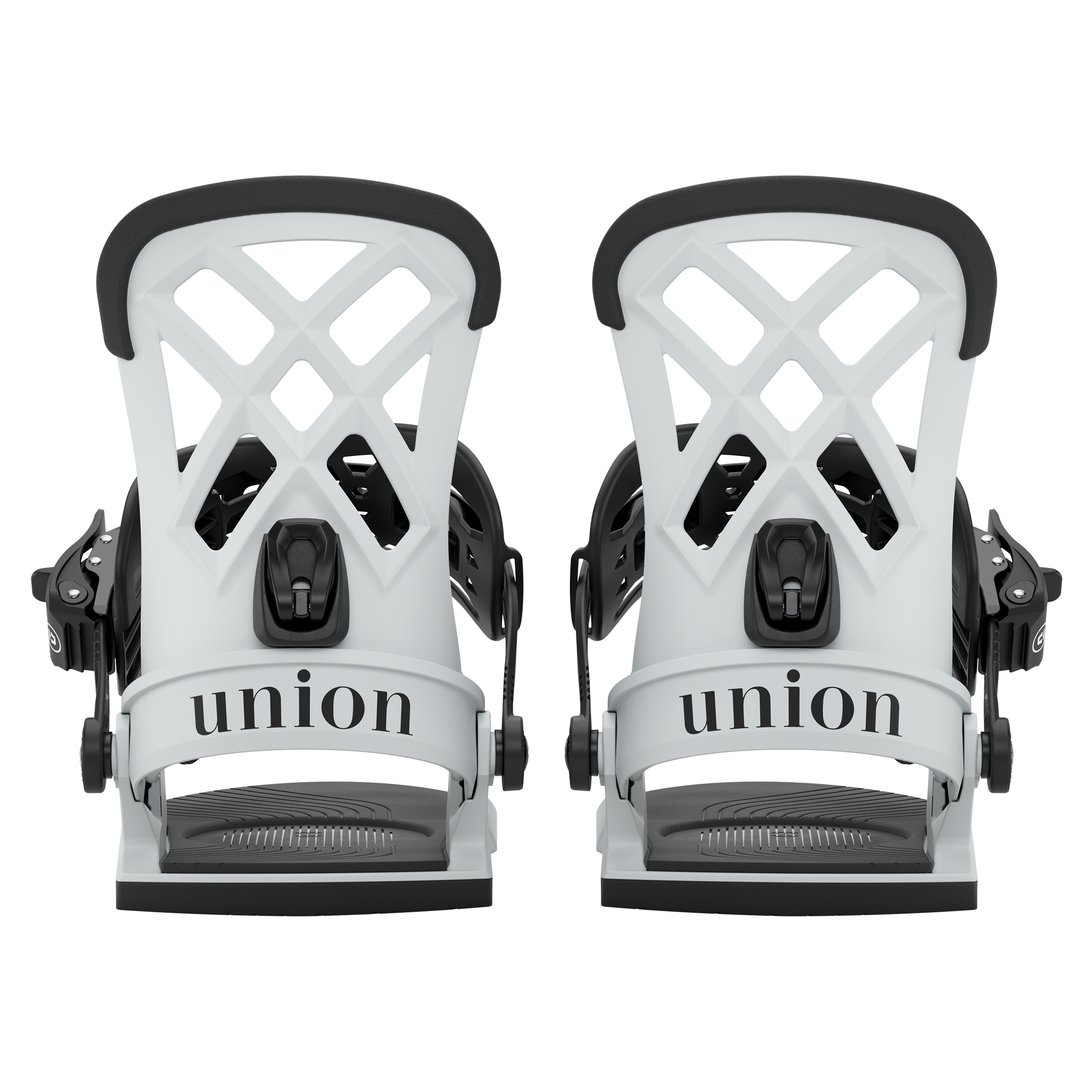 Union Rosa women's snowboard binding in light grey, rear view showing adjustable straps and sturdy construction for snowboarding.