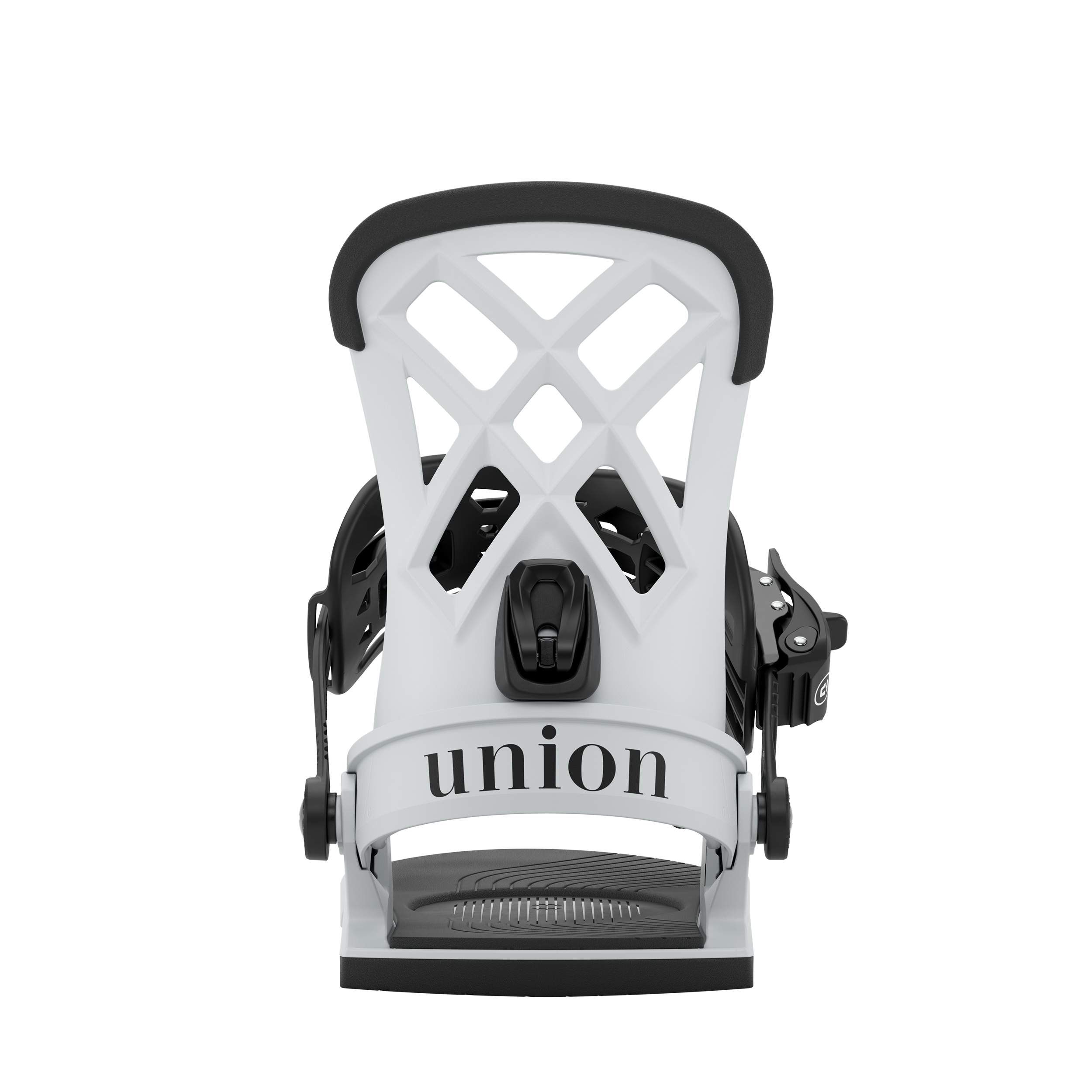 Union Rosa women's snowboard binding in light grey, showcasing the rear view with adjustable straps and sturdy construction.