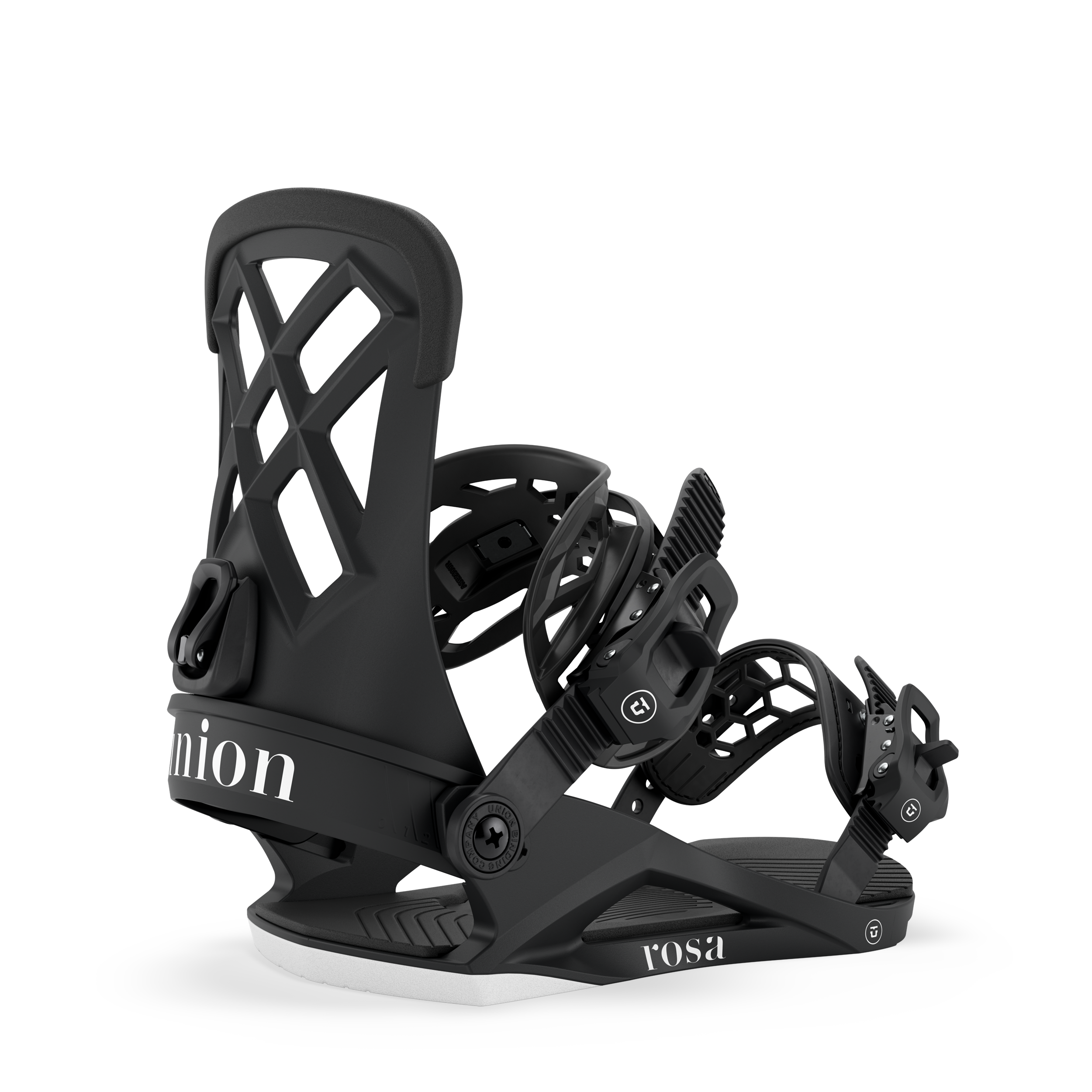 Union Rosa women's snowboard binding in black, designed for snowboarding with adjustable straps and durable construction.