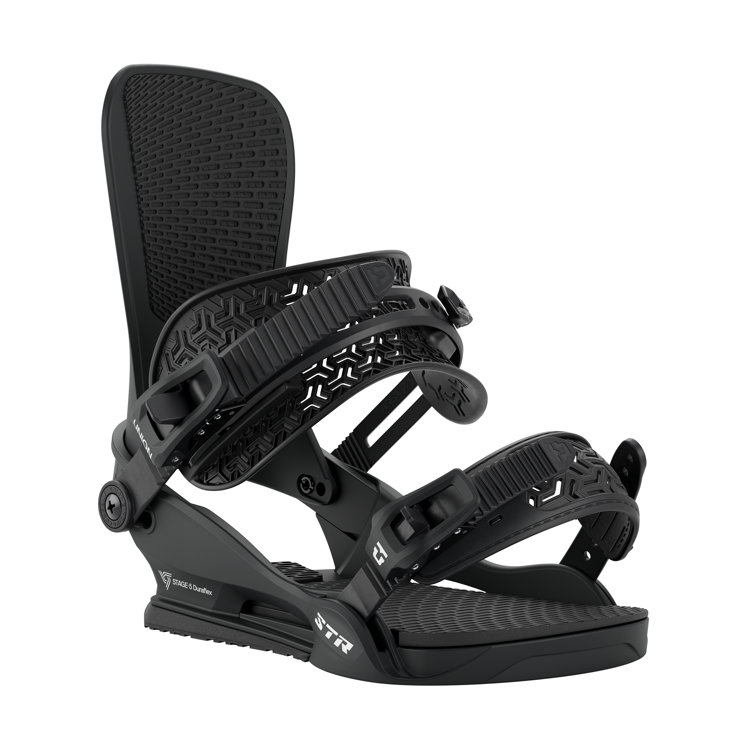 Union STR Snowboard Binding 2027 in black, front view showing durable construction and adjustable straps for snowboarding.