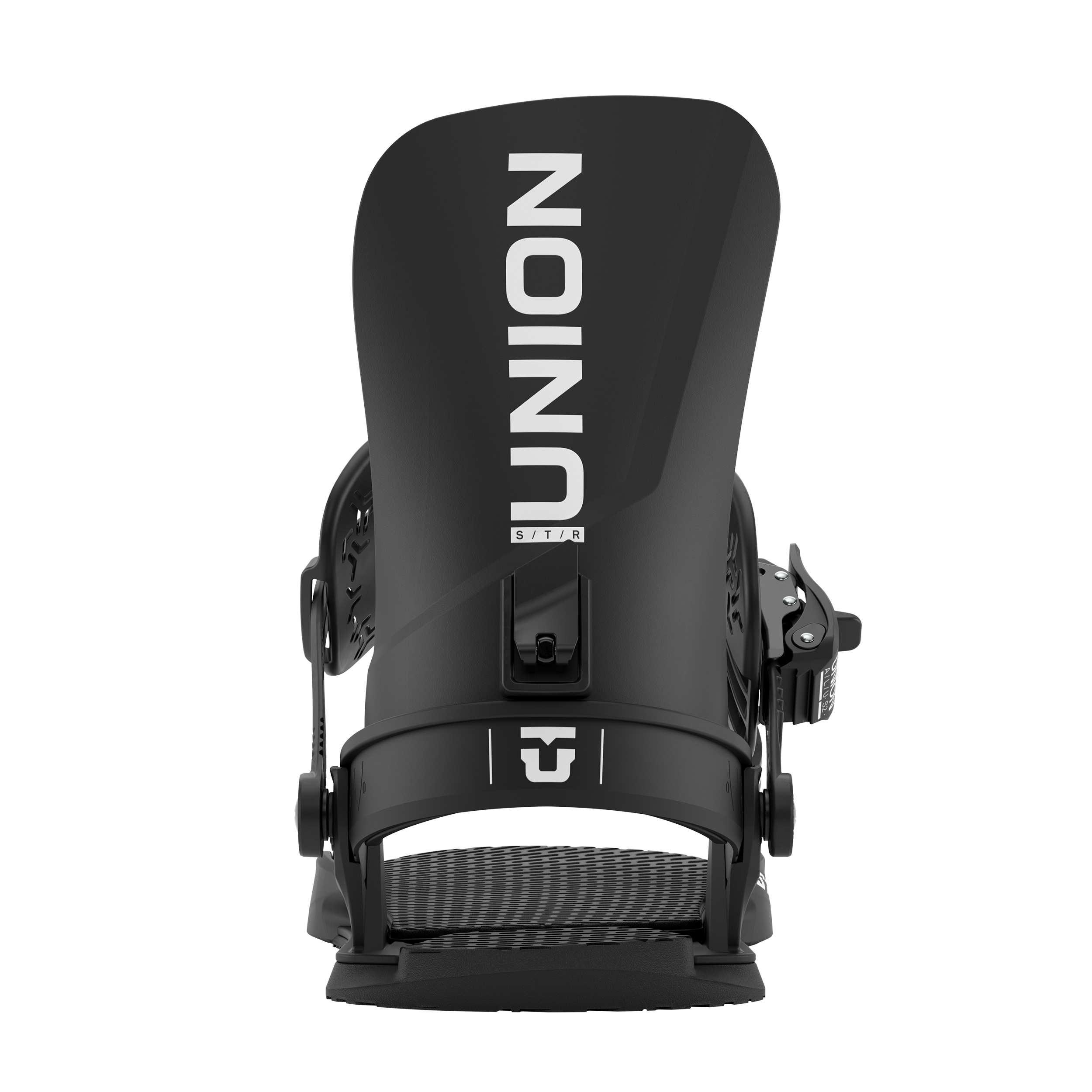 Union STR Snowboard Binding 2027 in black, shown from rear view, designed for snowboarding with durable construction and adjustable straps.