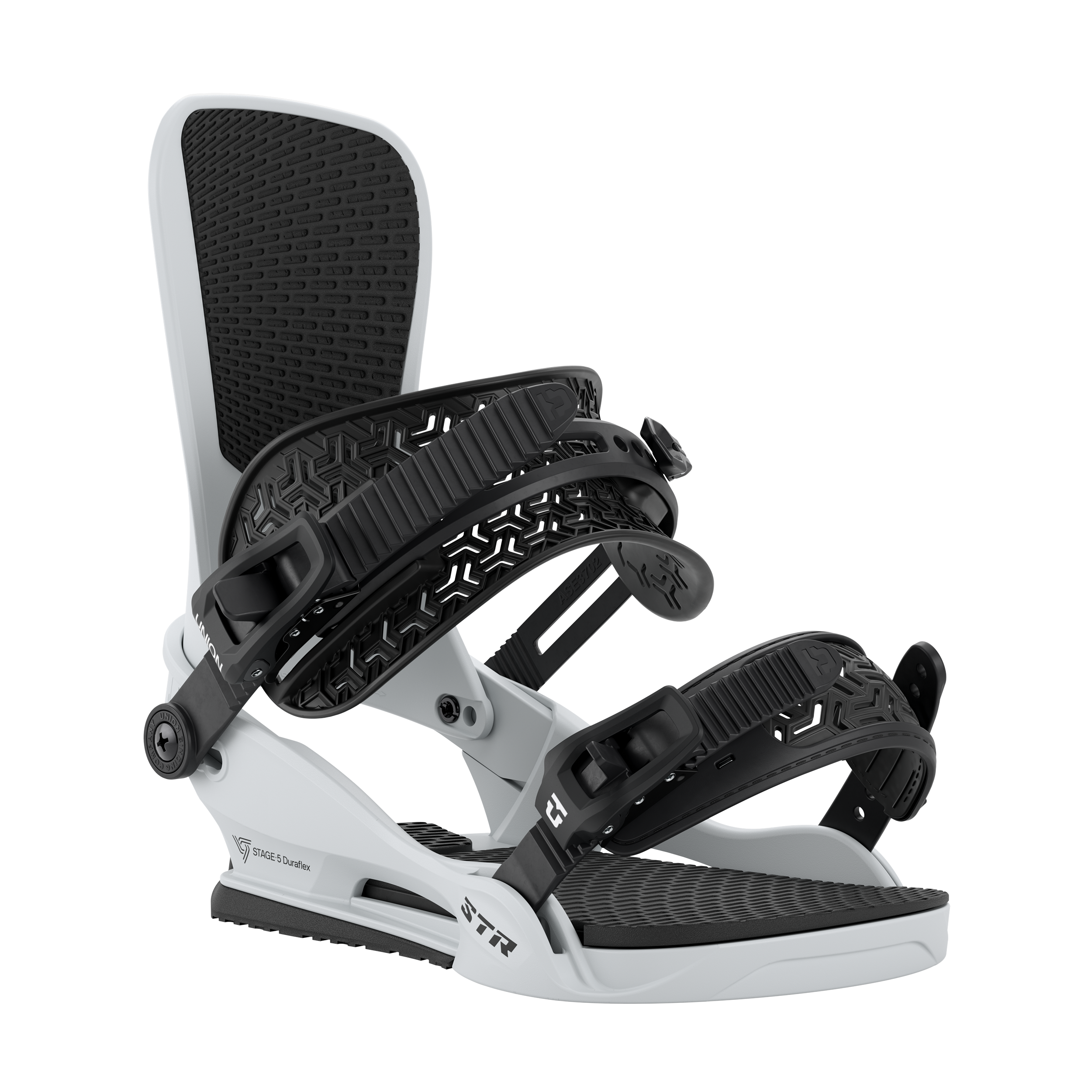 Union STR Snowboard Binding 2027 in grey, front view, showcasing durable construction and adjustable straps for snowboarding.