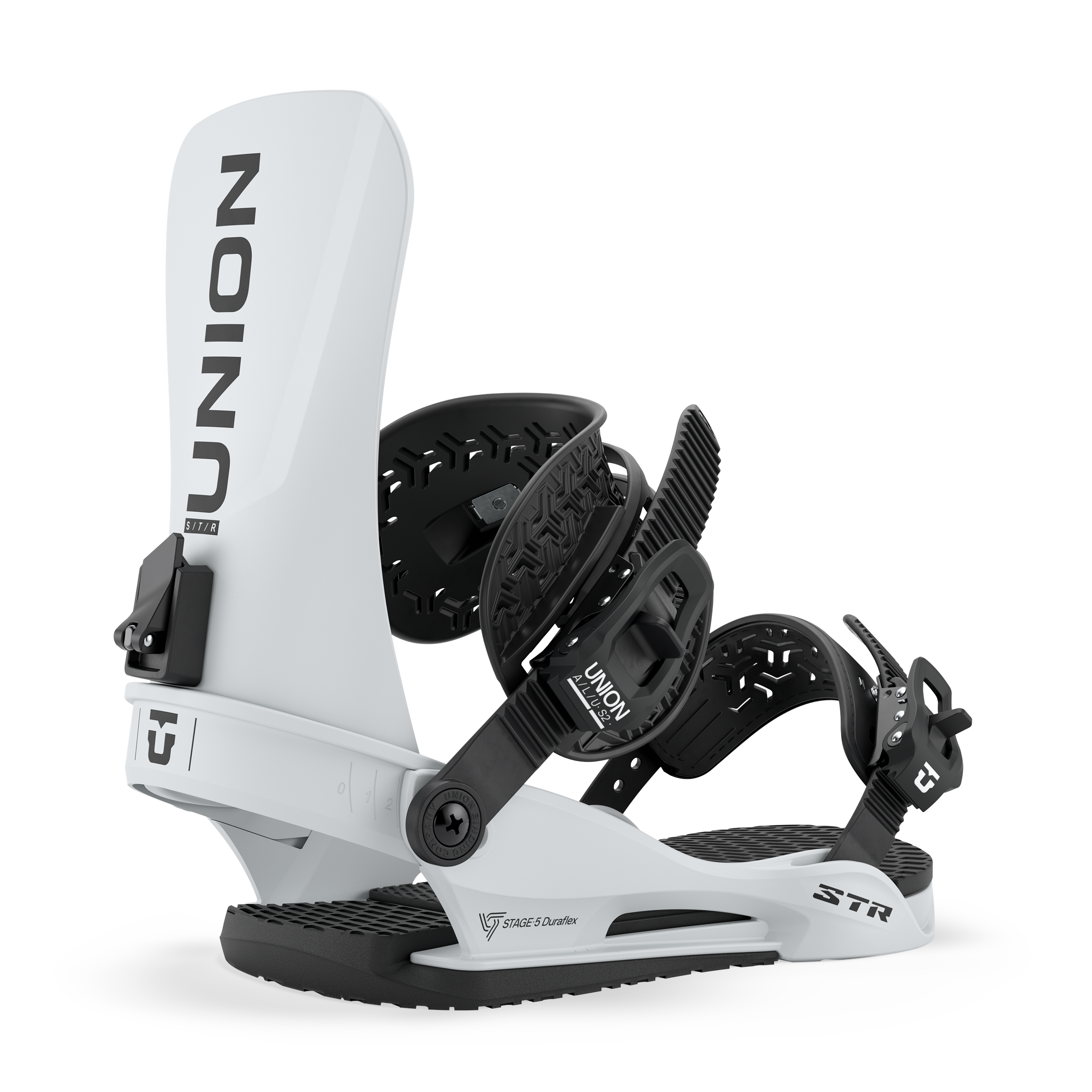 Union STR snowboard binding in grey, featuring adjustable straps and high-back support, designed for snowboarding in winter conditions.