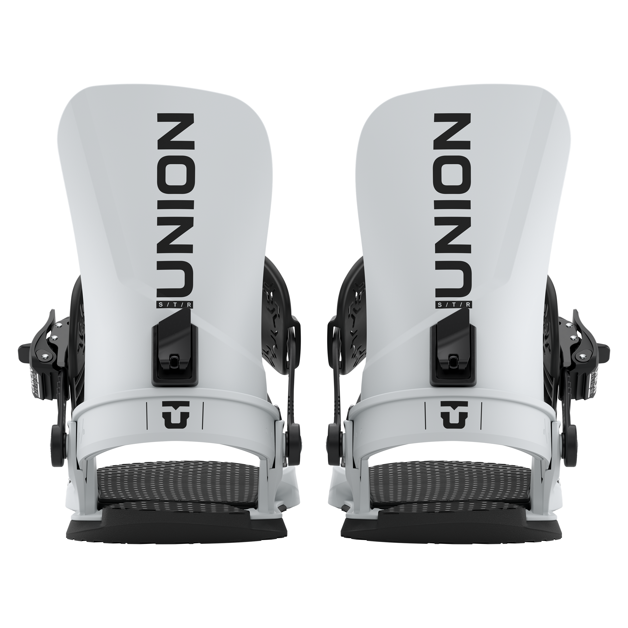 Union STR Snowboard Binding 2027 in grey, rear view showing the full pair with adjustable straps and sturdy construction.