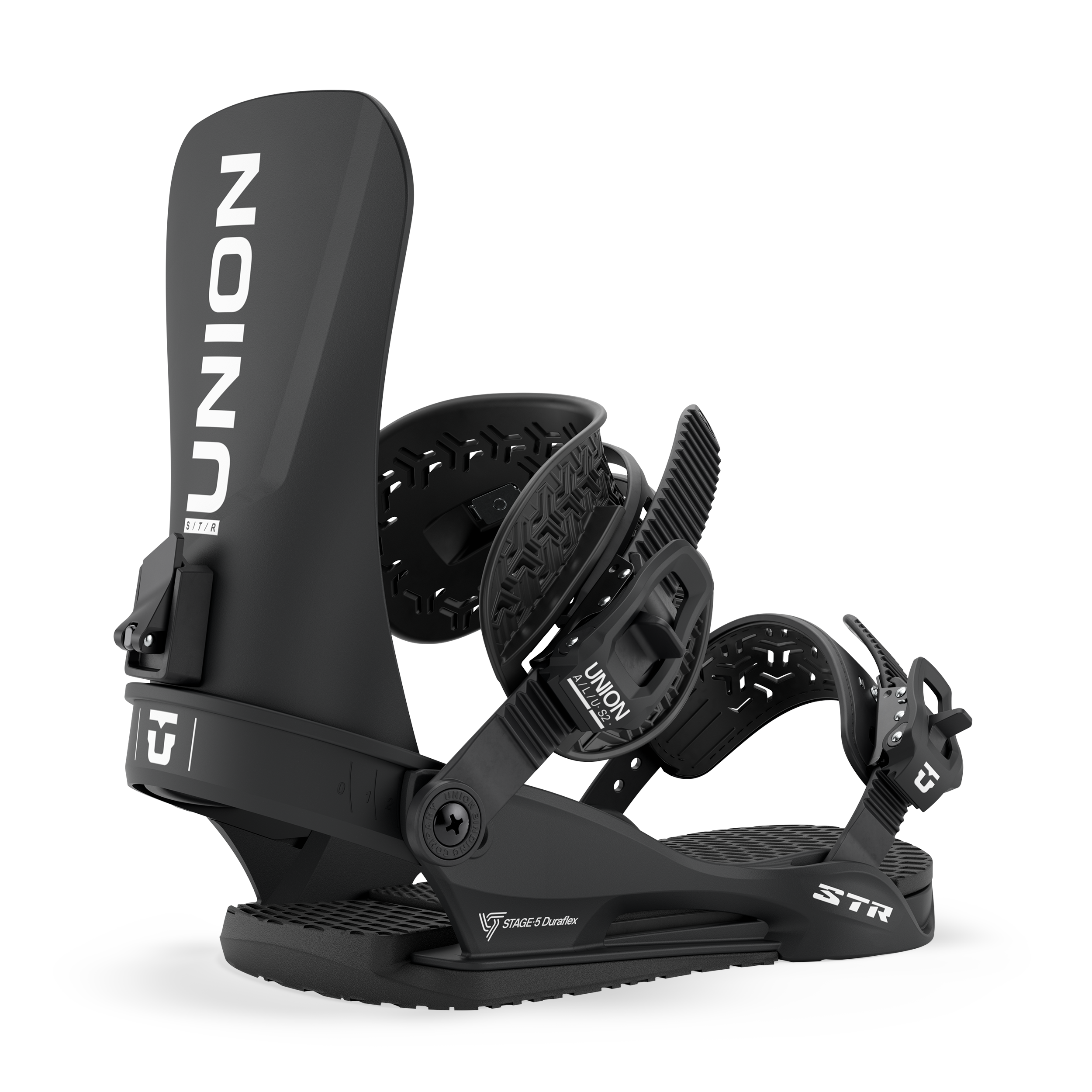 Union STR Snowboard Binding 2027 in black, showcasing durable construction and adjustable straps for snowboarding.