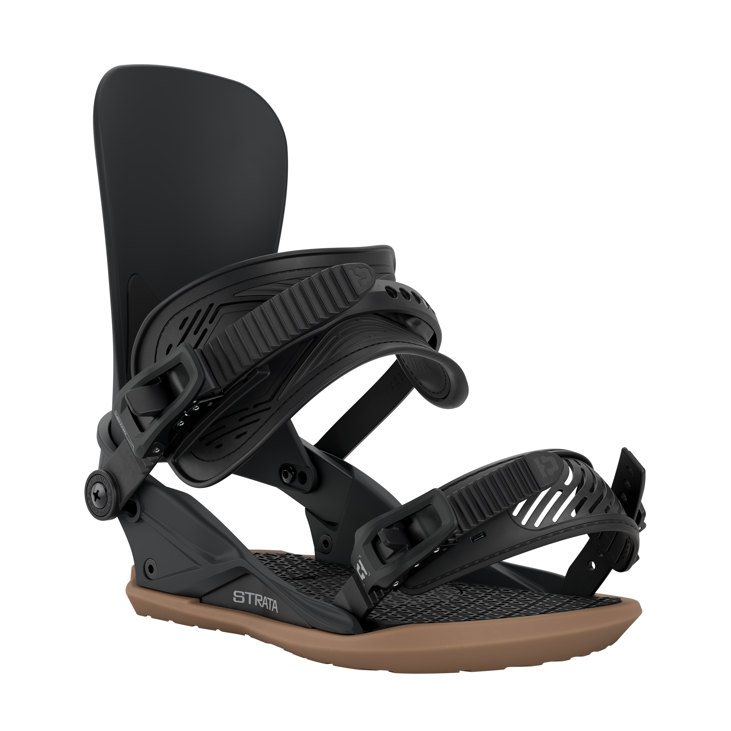 Union Strata snowboard binding in black, featuring adjustable straps and high-performance design for snowboarding.