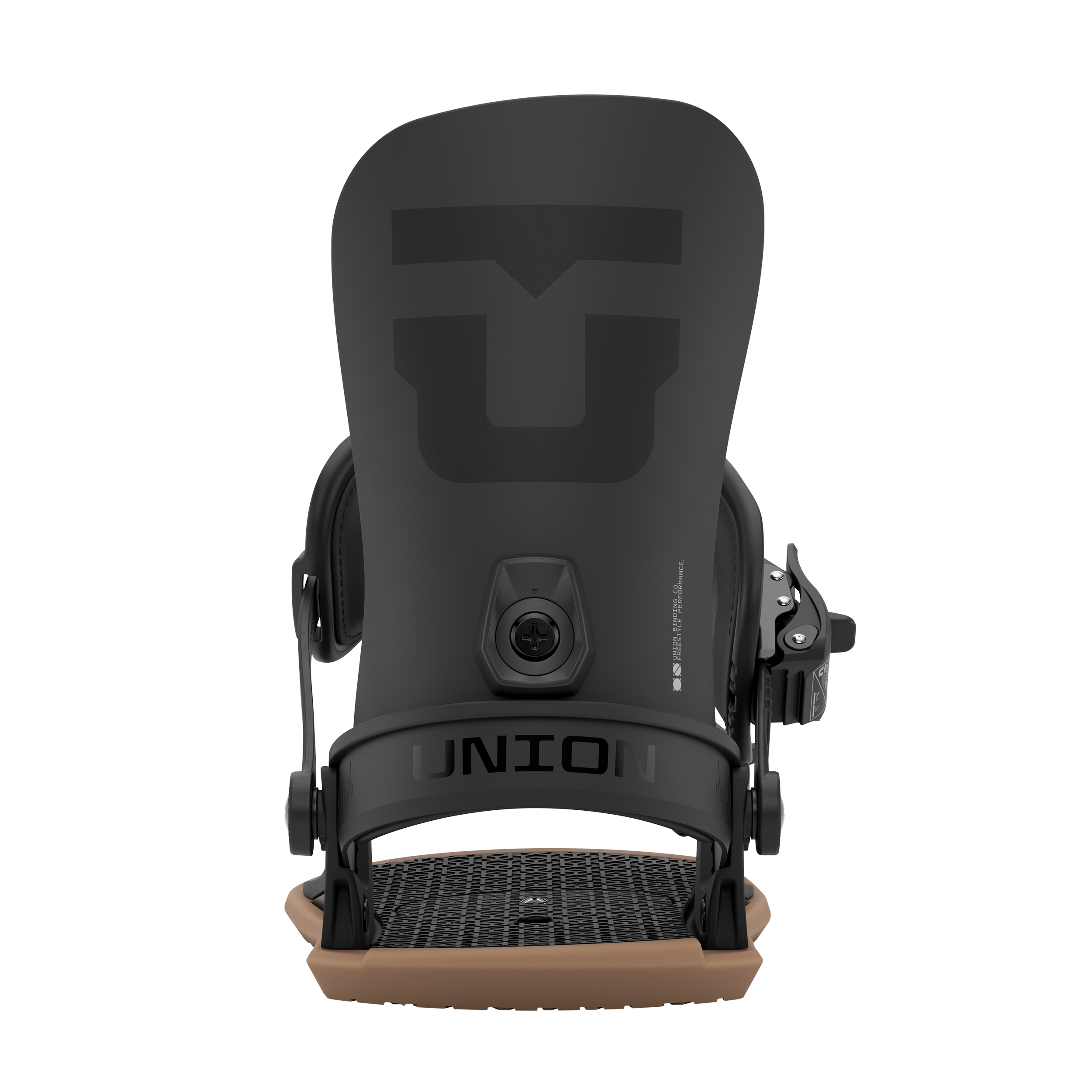 Union Strata snowboard binding in black, rear view showing adjustable straps and high-back support for snowboarding.