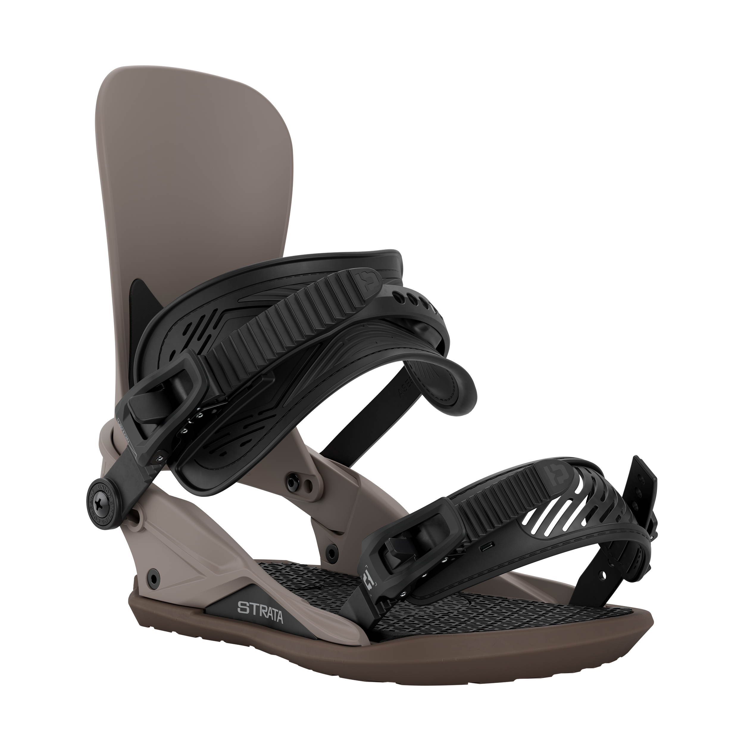 Union Strata snowboard binding in brown, showing the front view of the Union Strata model designed for snowboarding.