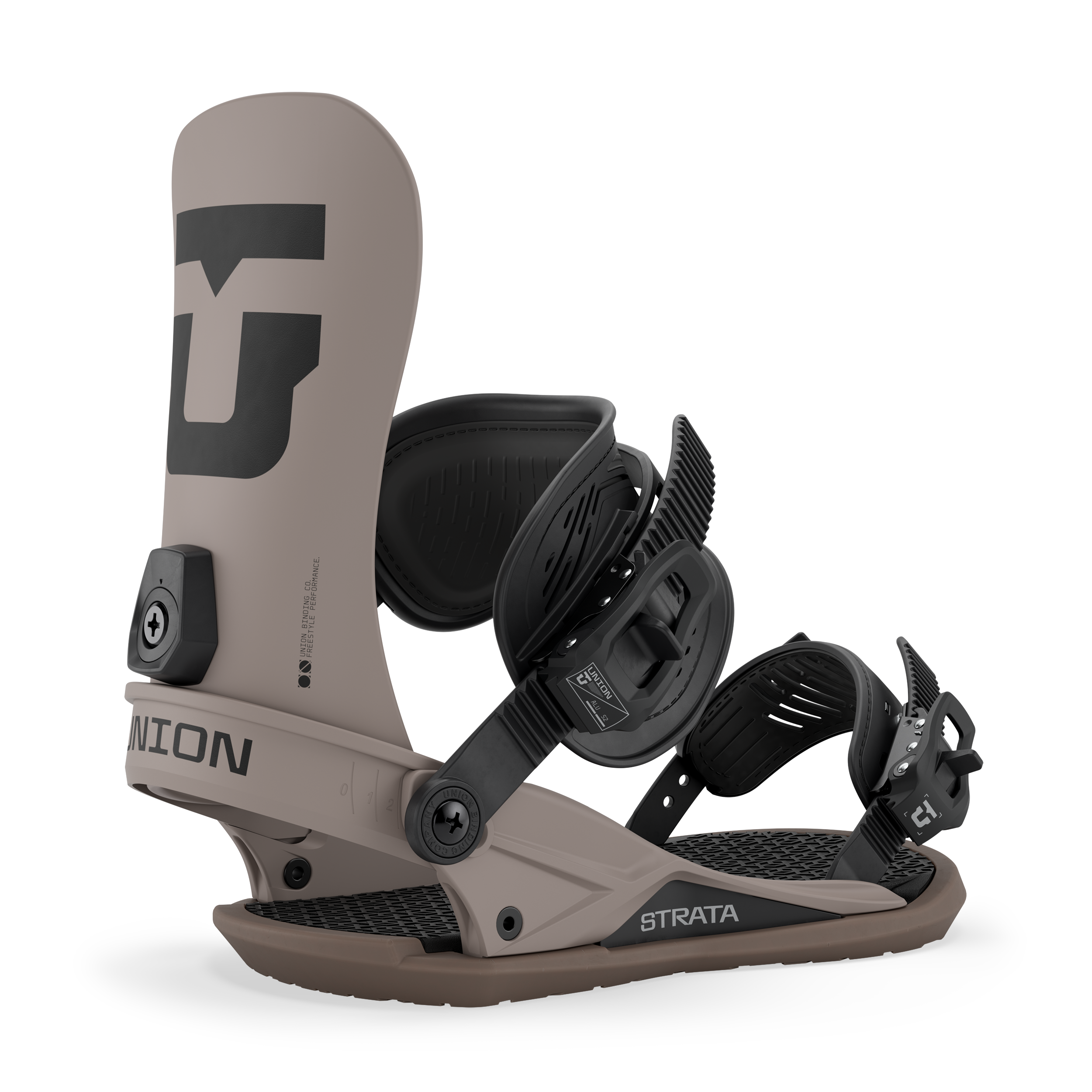 Union Strata snowboard binding in brown, designed for snowboarding, with adjustable straps and durable construction.