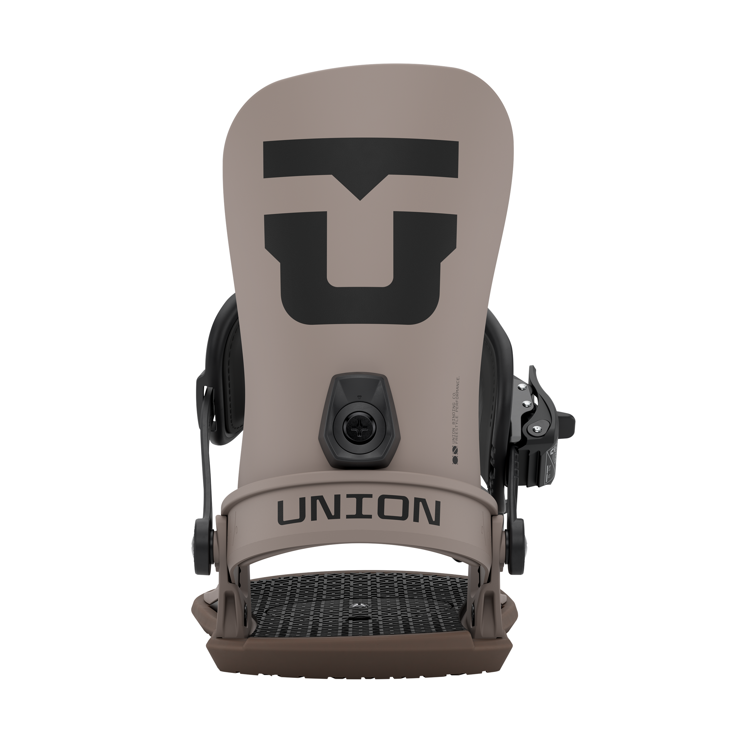 Union Strata snowboard binding in brown, showing the rear view with adjustable straps and high-back support for snowboarding.