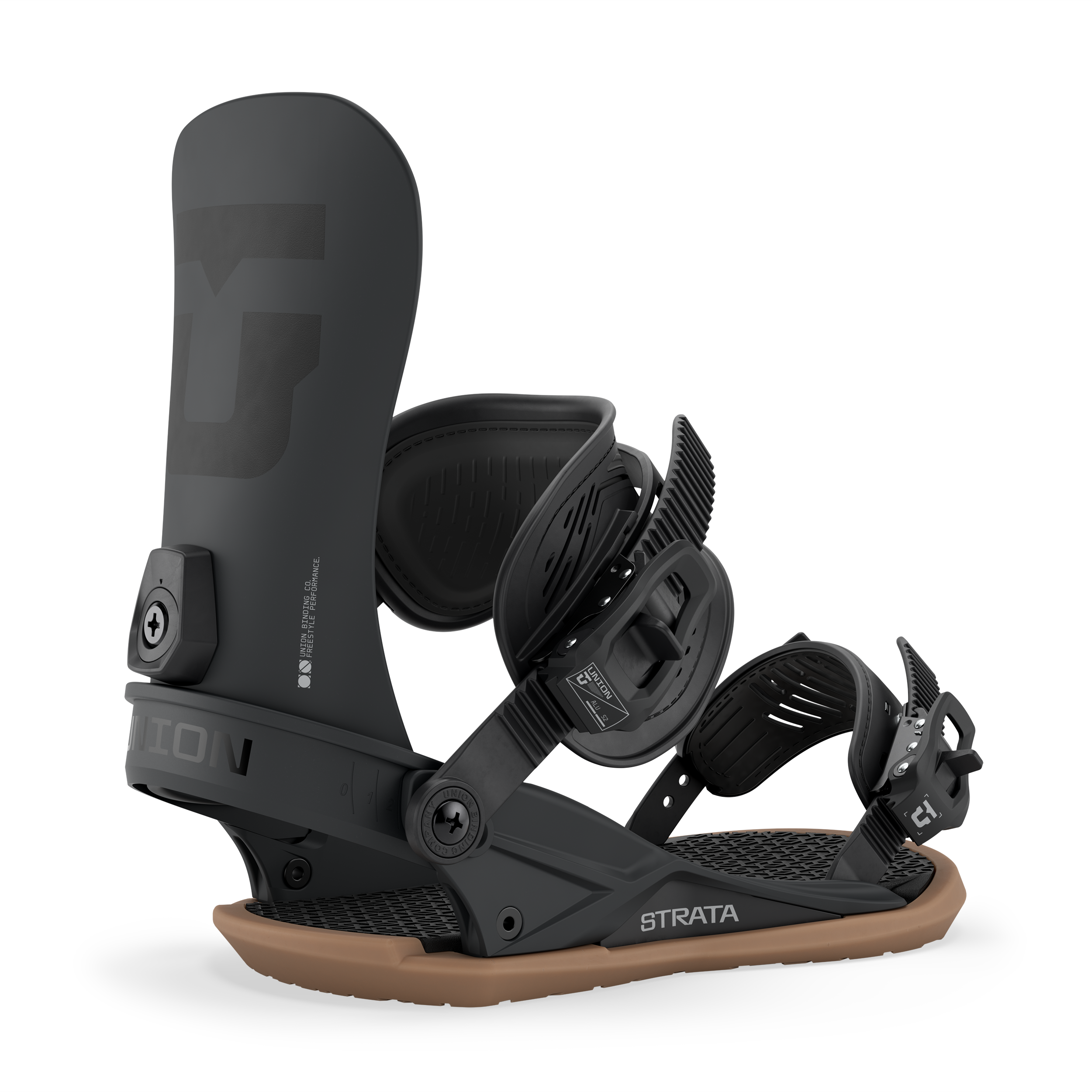 Union Strata snowboard binding in black, featuring durable straps and high-performance design for snowboarding.