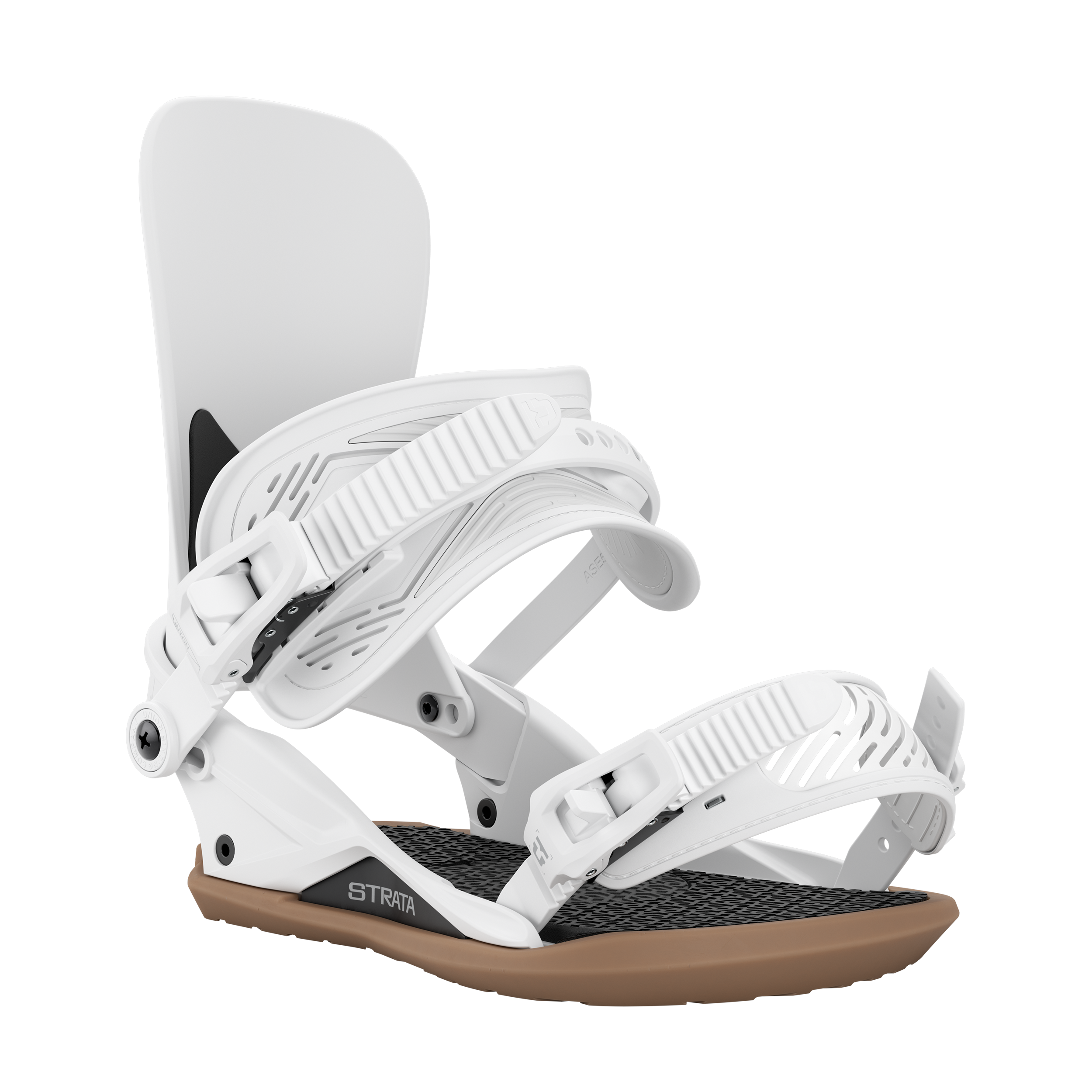 Union Strata snowboard binding in white, showing the front view with straps and highback for snowboarding gear.