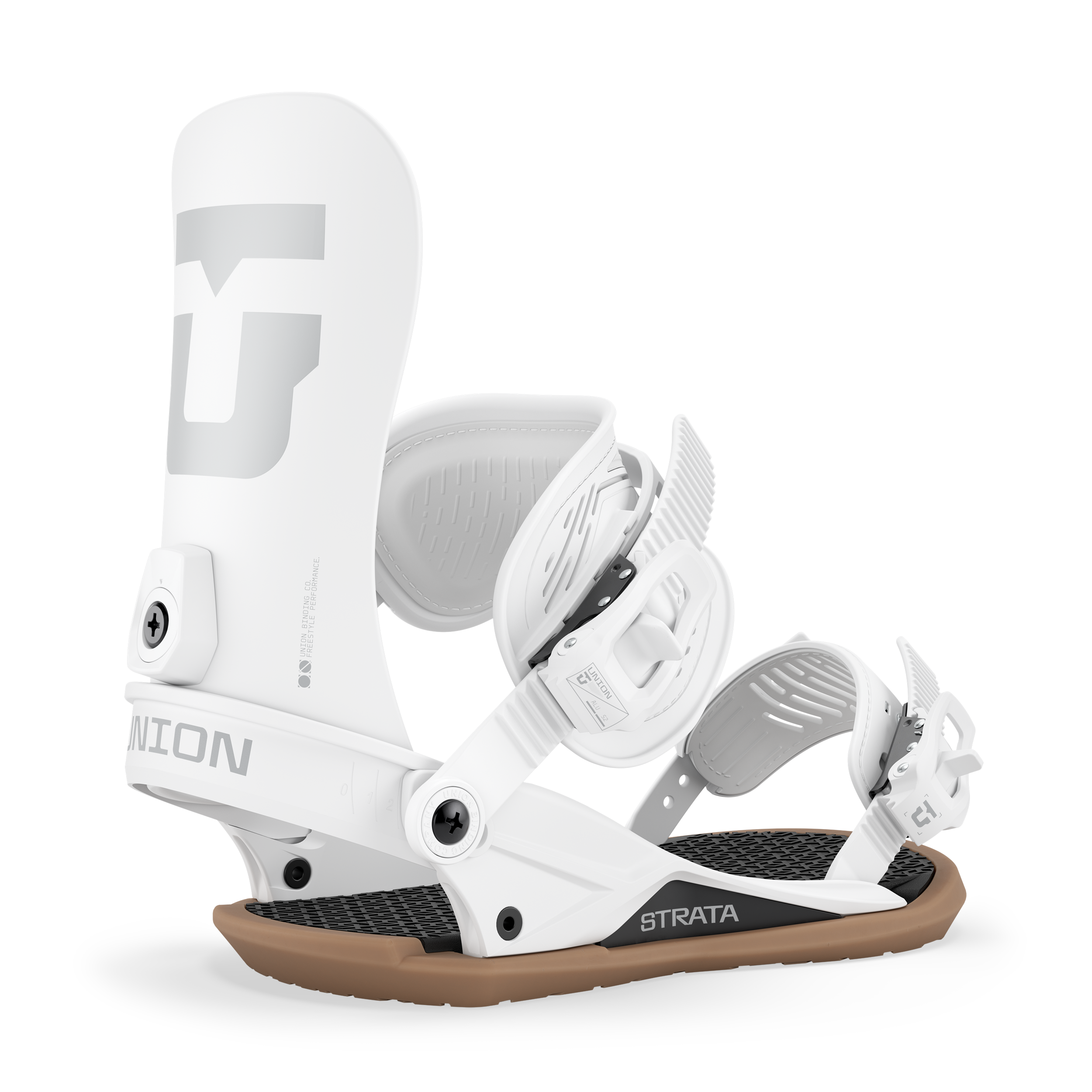 Union Strata snowboard binding in white, featuring adjustable straps and durable construction for snowboarding.
