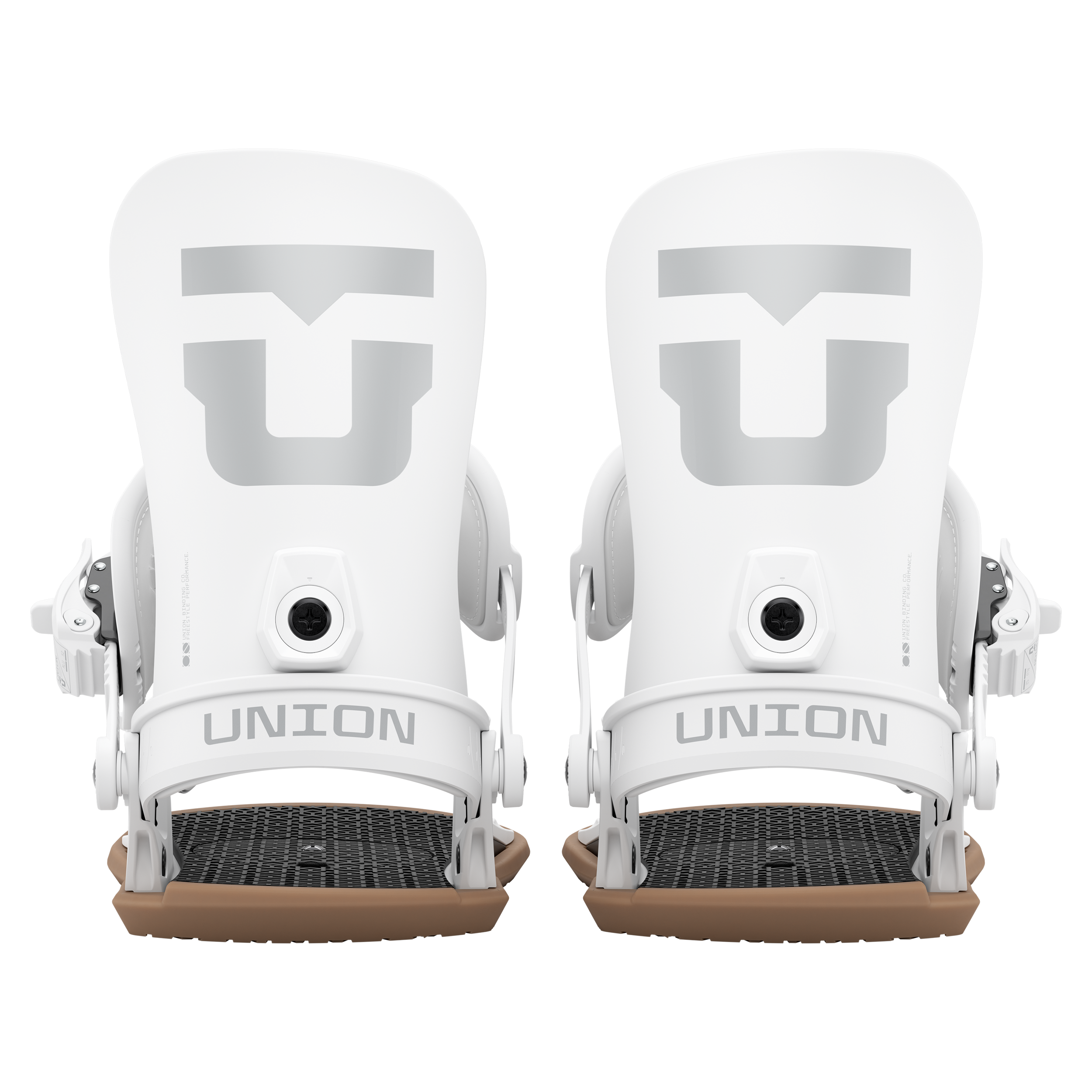 Union Strata snowboard binding in white, rear view showing adjustable straps and high-back support for snowboarding.