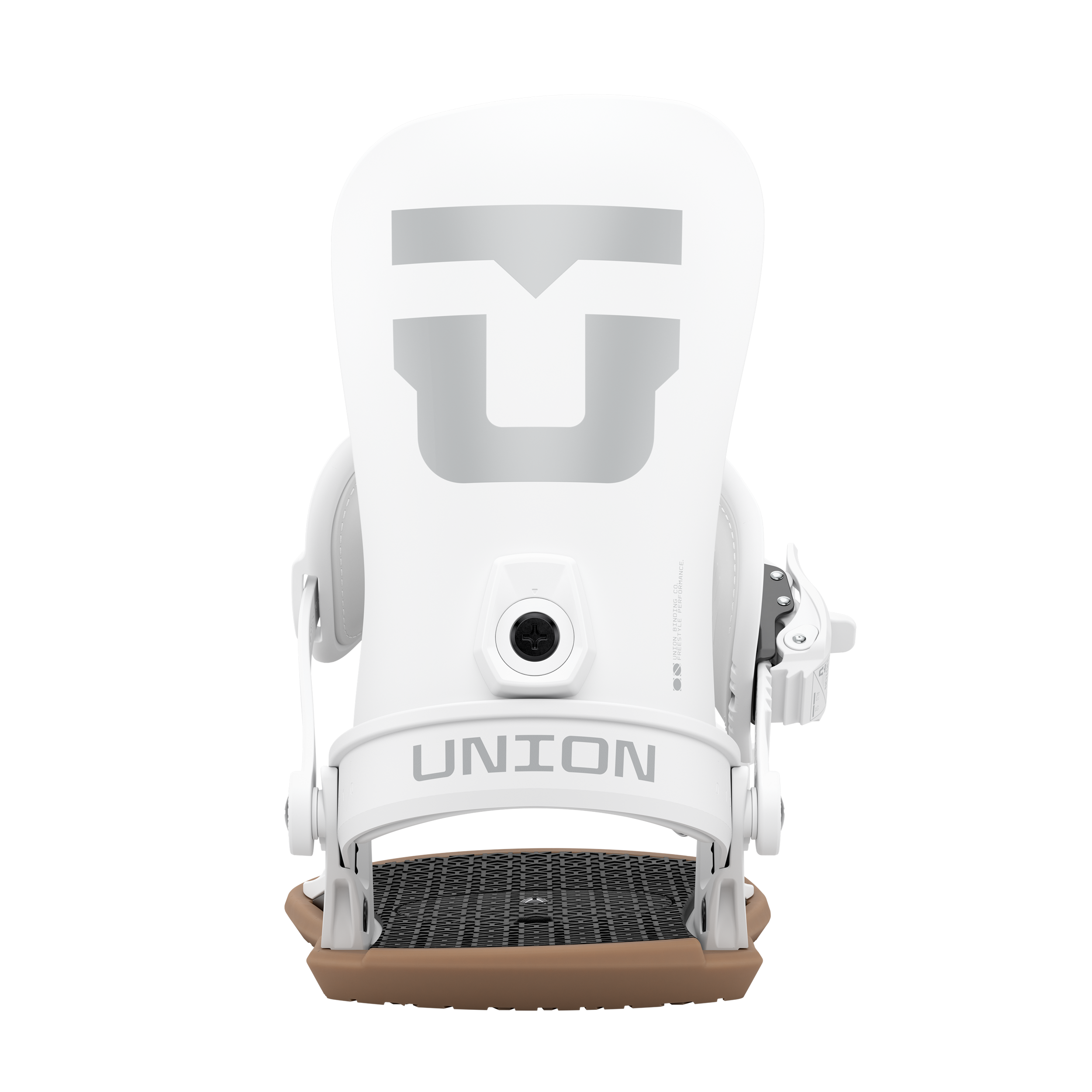 Union Strata snowboard binding in white, showing the rear view with adjustable straps and high-back support for snowboarding.