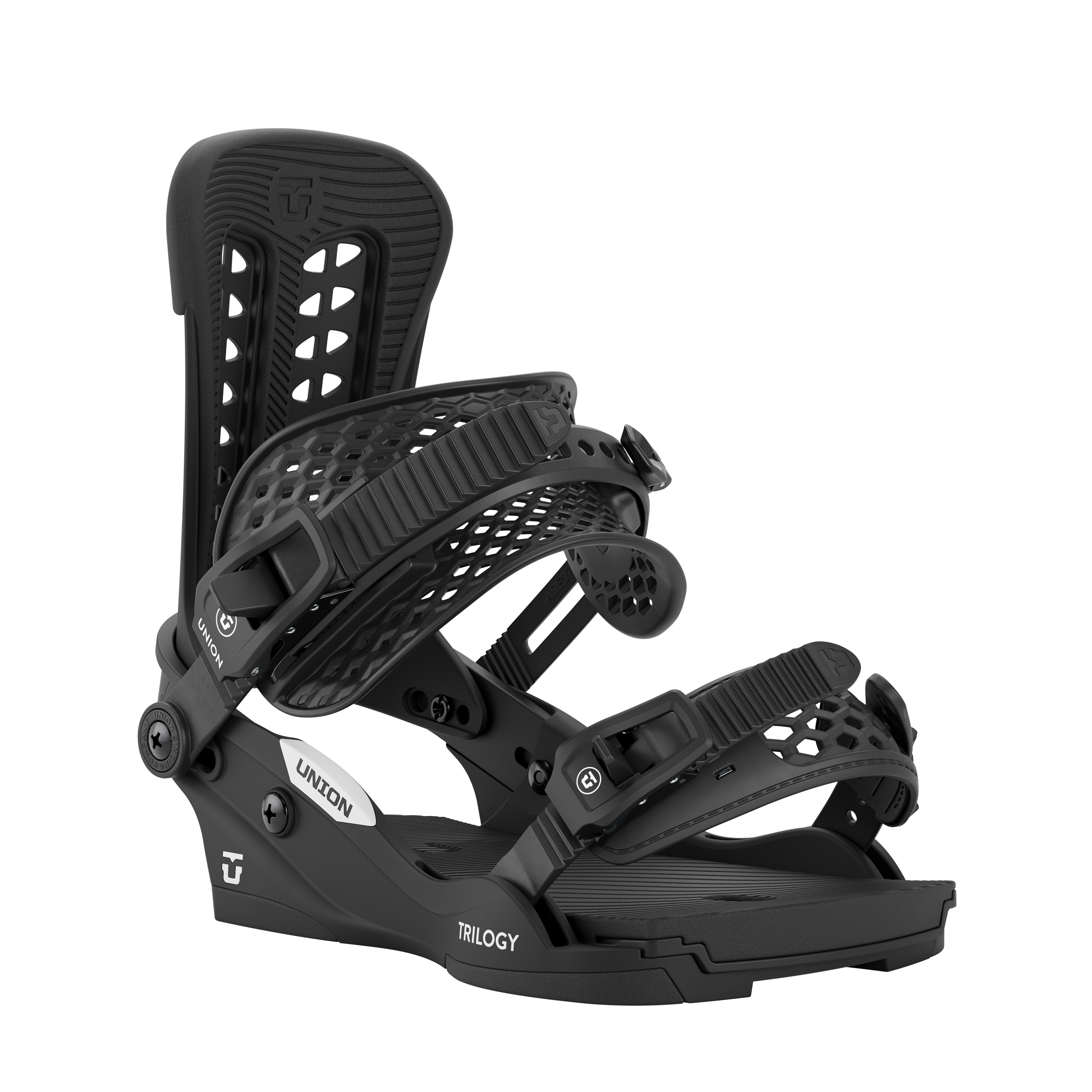 Union Trilogy Classic women's snowboard binding in black, showing front view with straps and high-back design.