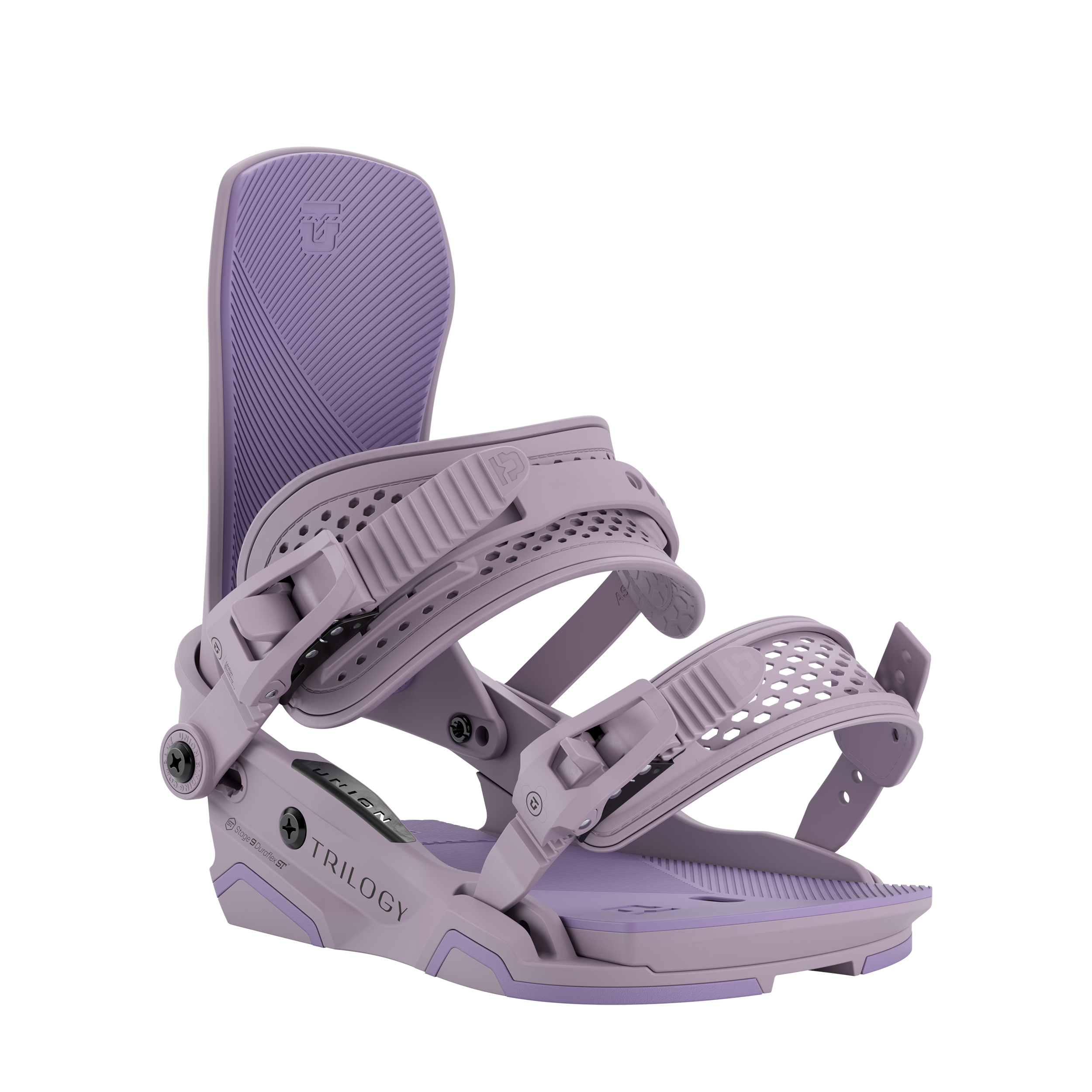 Union Trilogy Women's snowboard binding in violet, front view, designed for snowboarding performance and style.