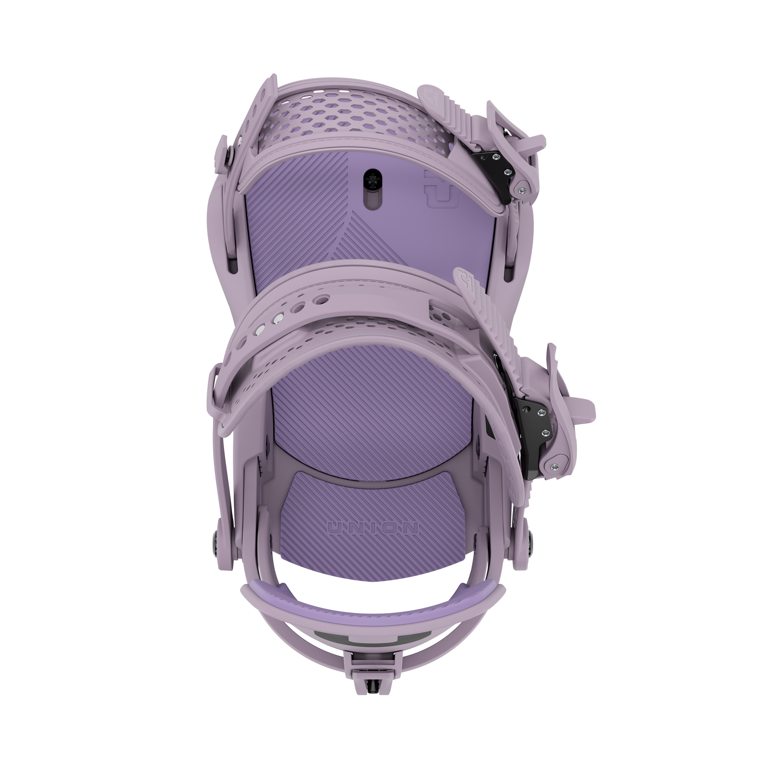 Union Trilogy women's snowboard binding in violet, featuring adjustable straps and high-back support for snowboarding.