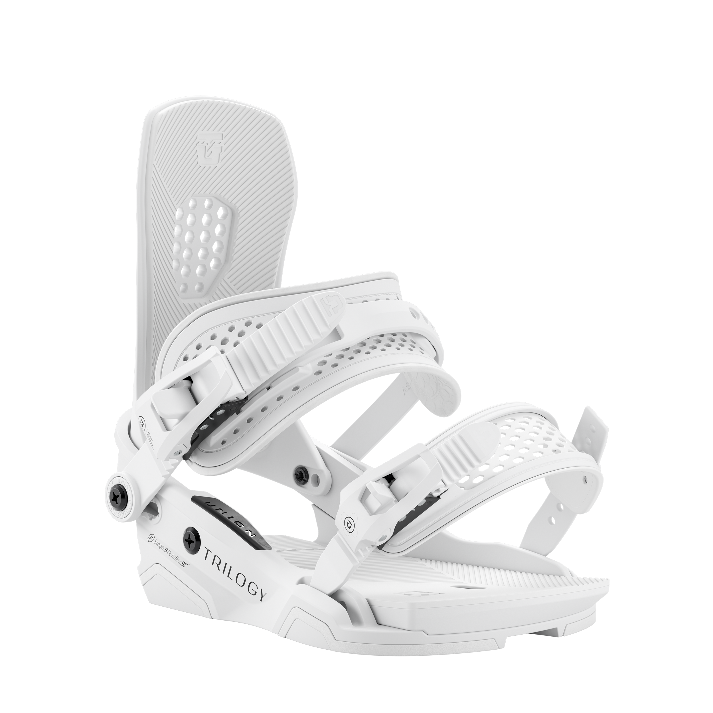 Union Trilogy Women's Snowboard Binding in white, featuring adjustable straps and high-back support for optimal snowboarding performance.