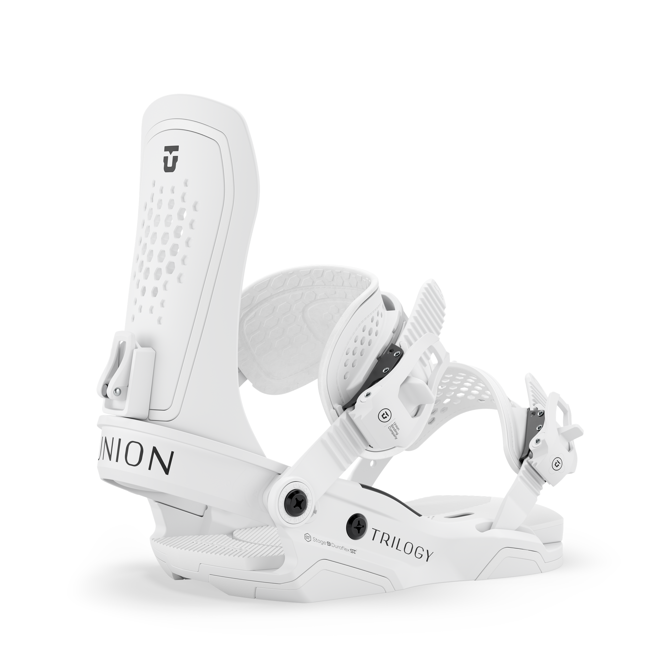 Union Trilogy women's snowboard binding in white, featuring adjustable straps and durable construction for snowboarding.