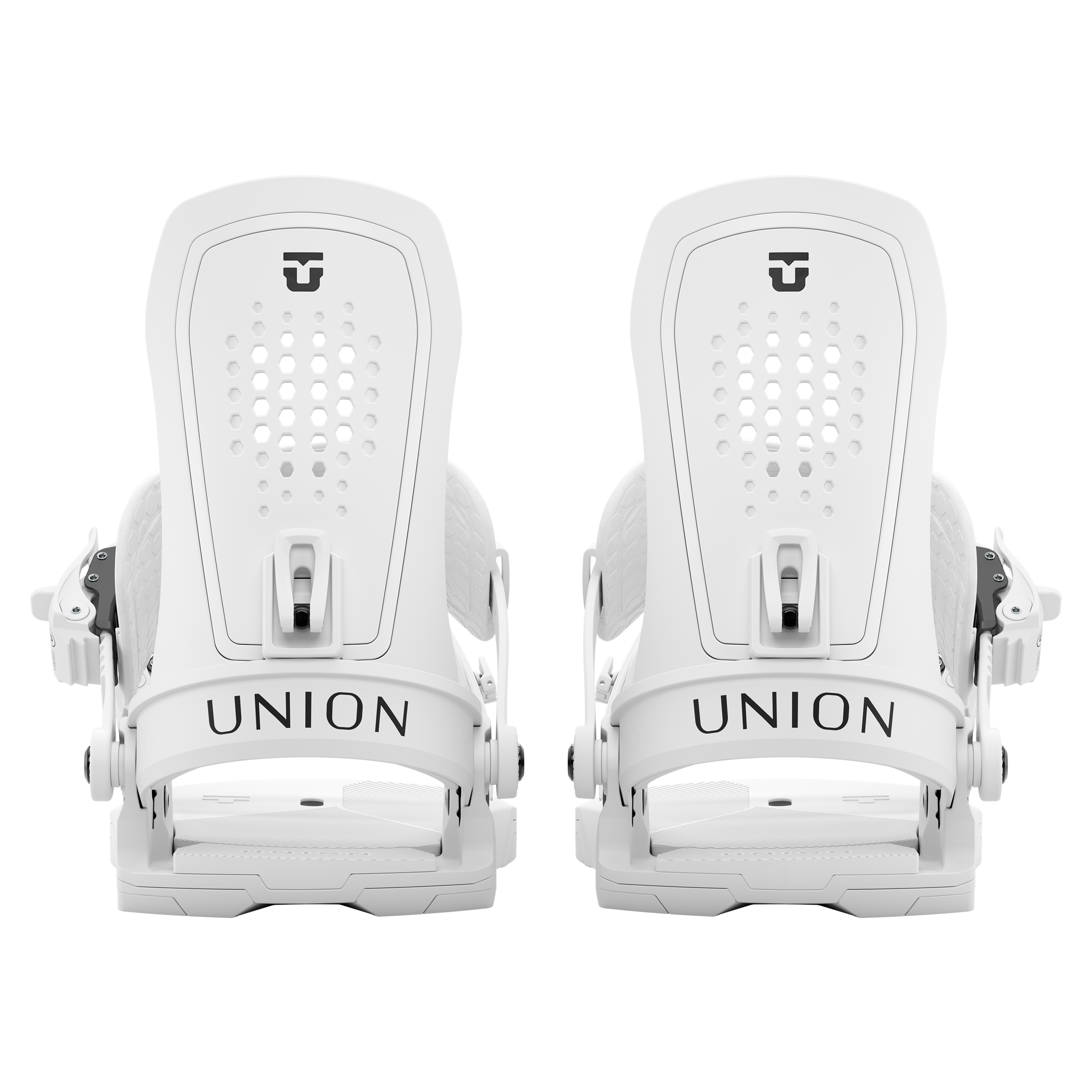 Union Trilogy women's snowboard binding in white, rear view showing adjustable straps and high-back support for snowboarding.