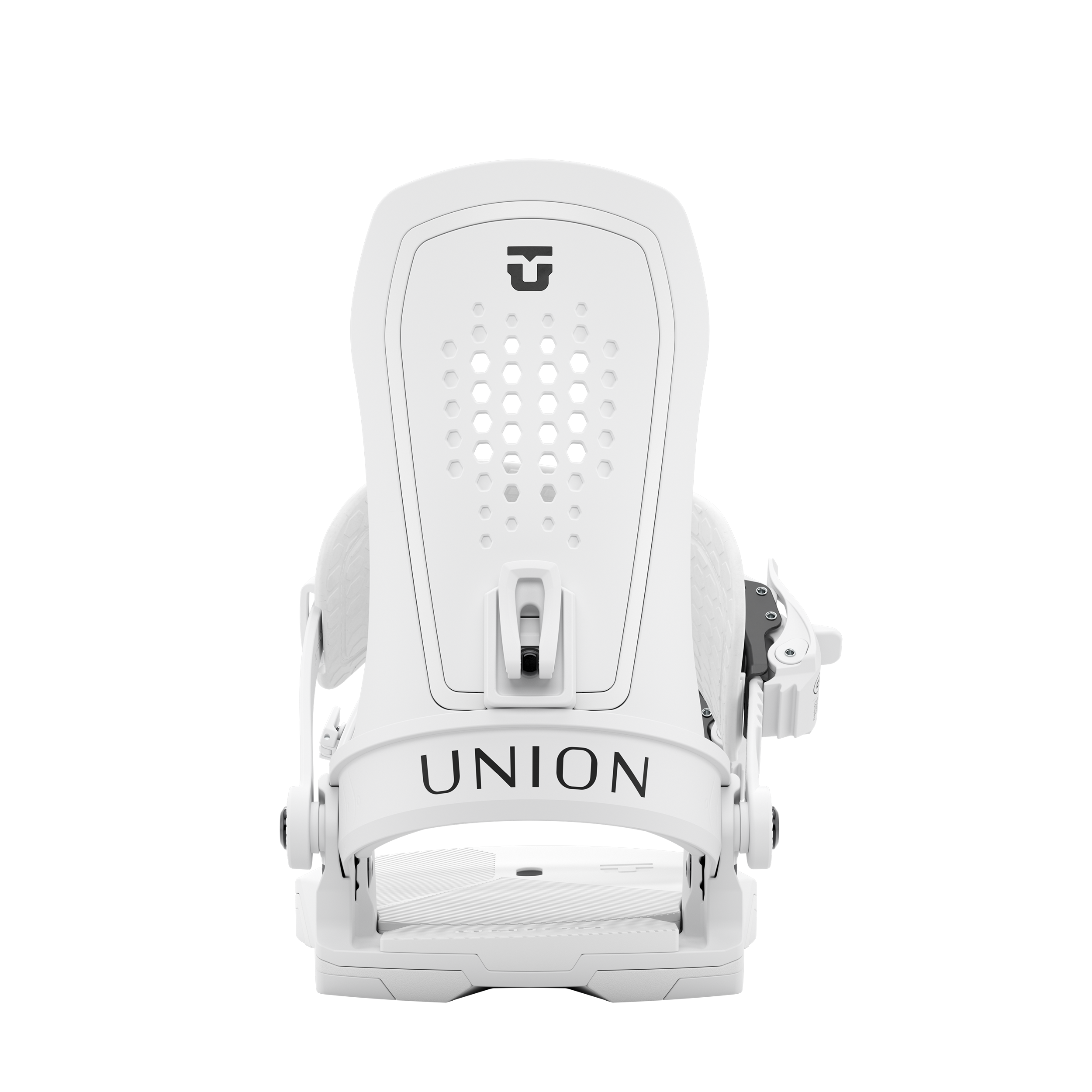 Union Trilogy women's snowboard binding in white, shown from rear angle, designed for snowboarding in winter conditions.