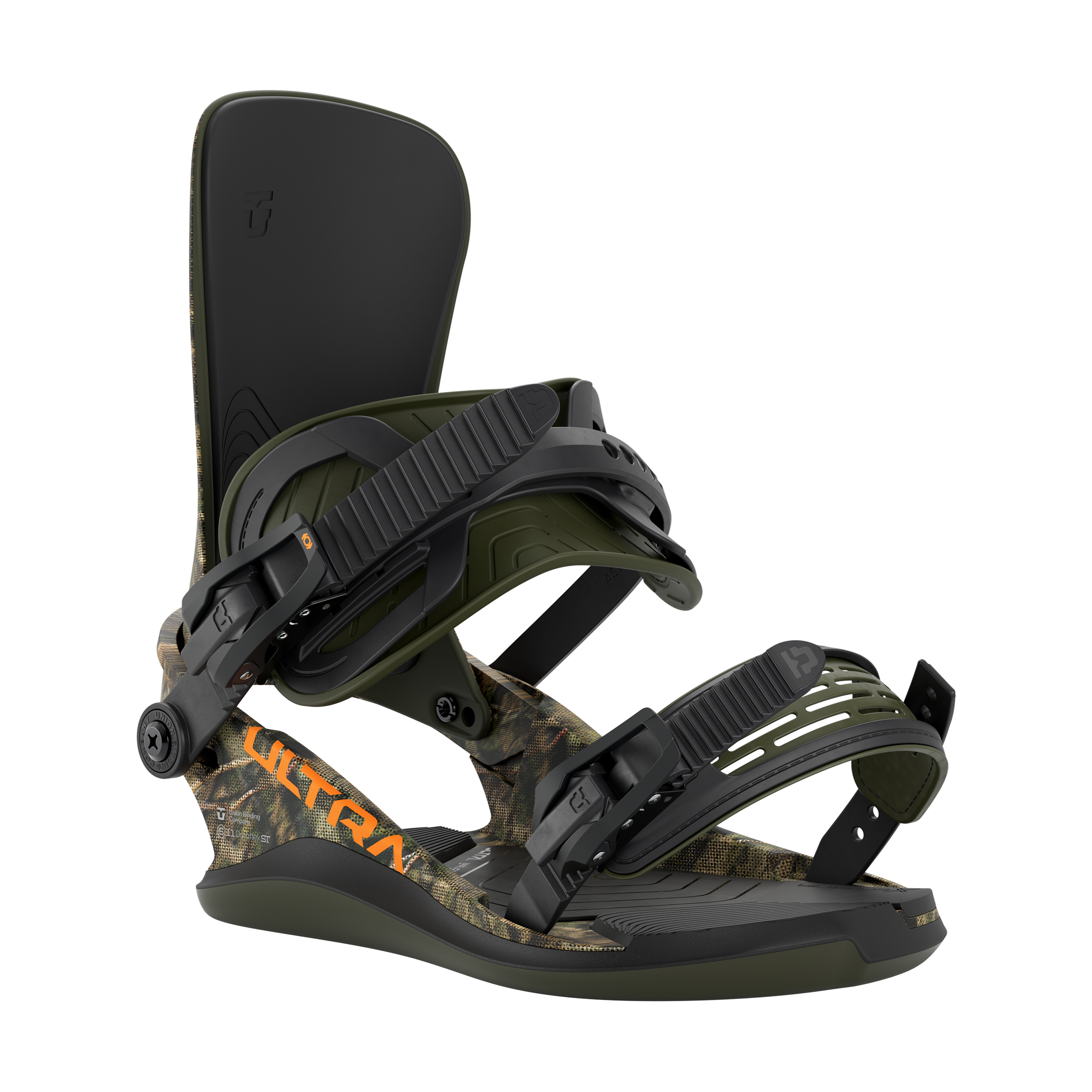 Union Ultra Men's snowboard binding in camouflage design, featuring adjustable straps and high-performance construction.