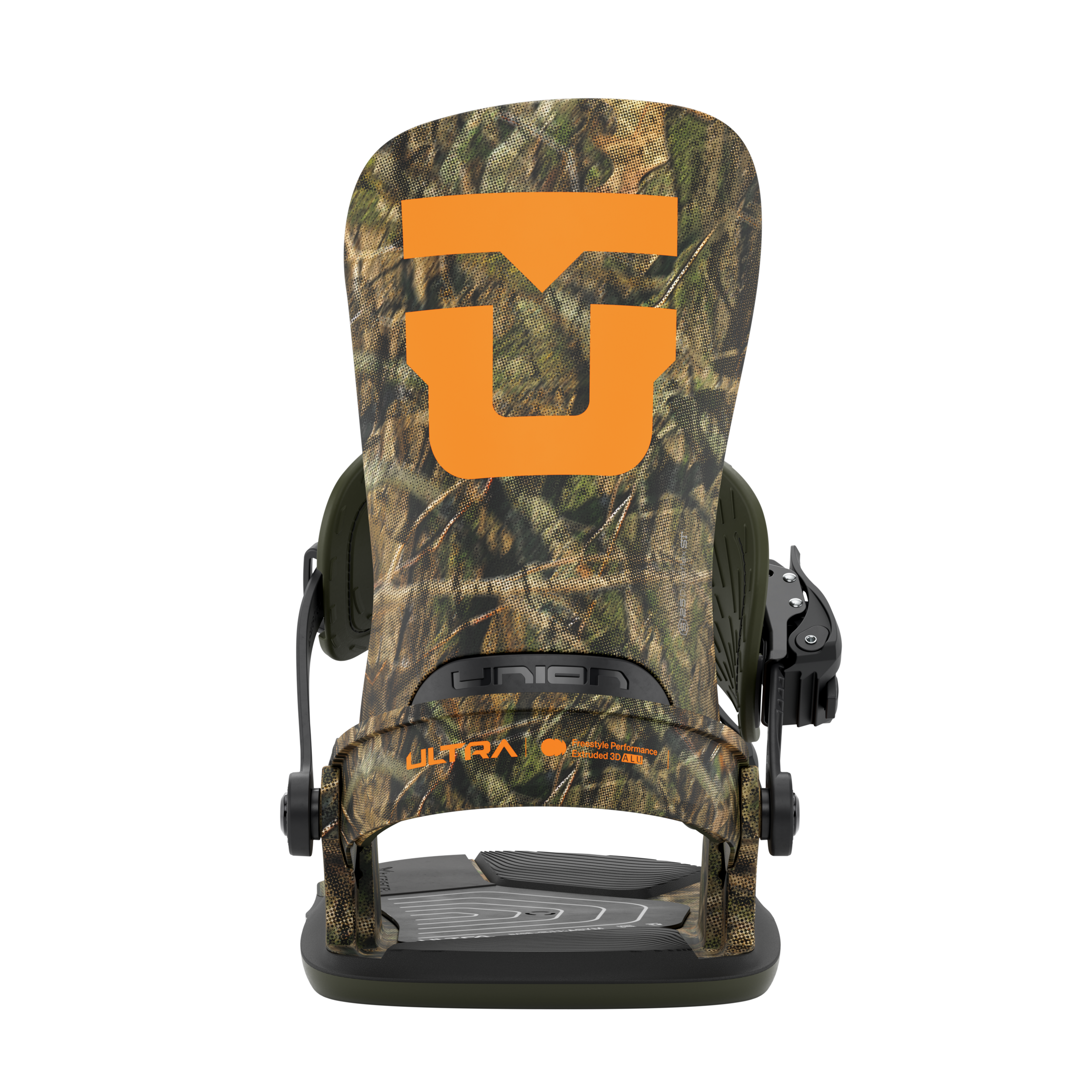 Union Ultra men's snowboard binding in camo, showing the rear view with adjustable straps and sturdy construction for snowboarding.
