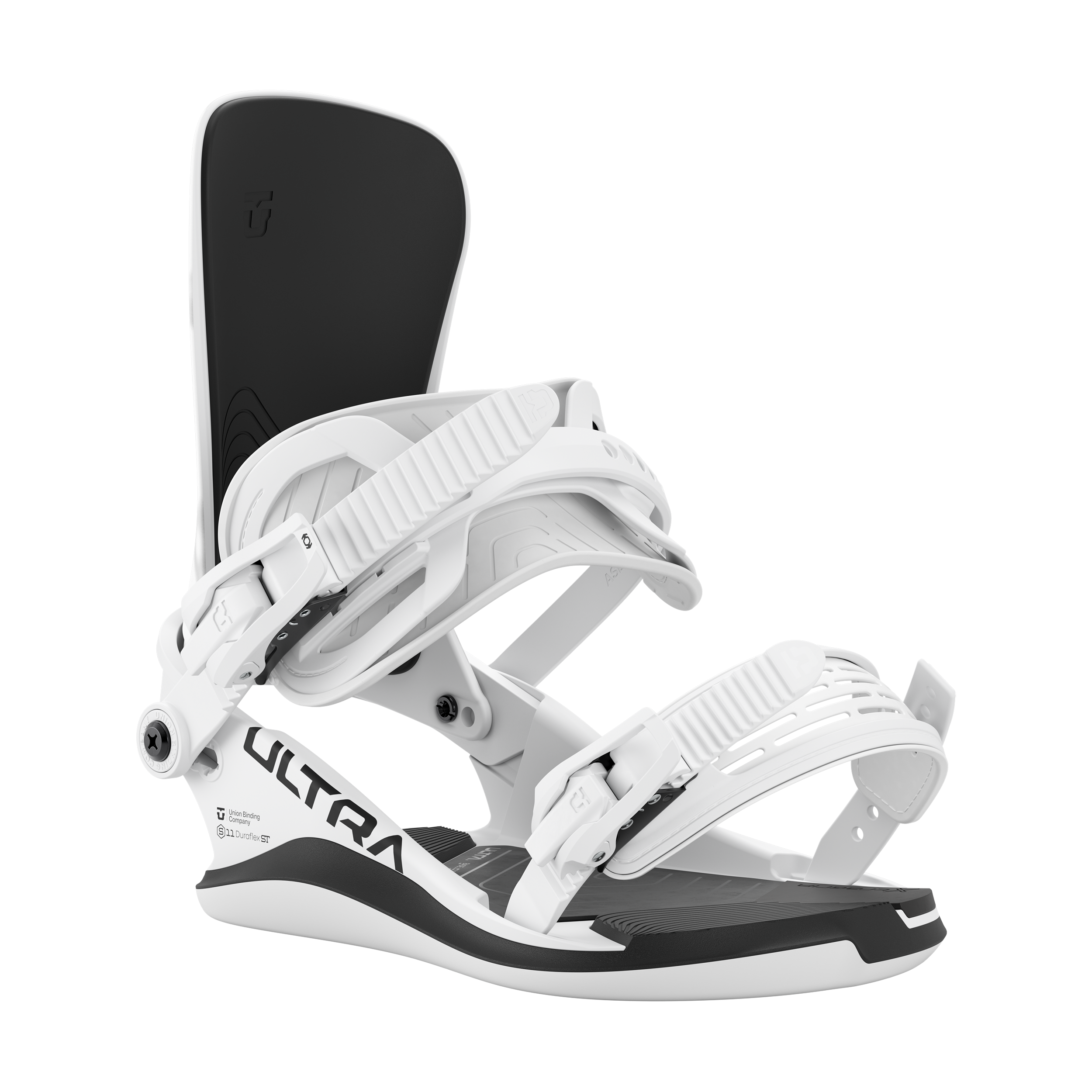 Union Ultra men's snowboard binding in white, showcasing the front view with adjustable straps and high-performance design.