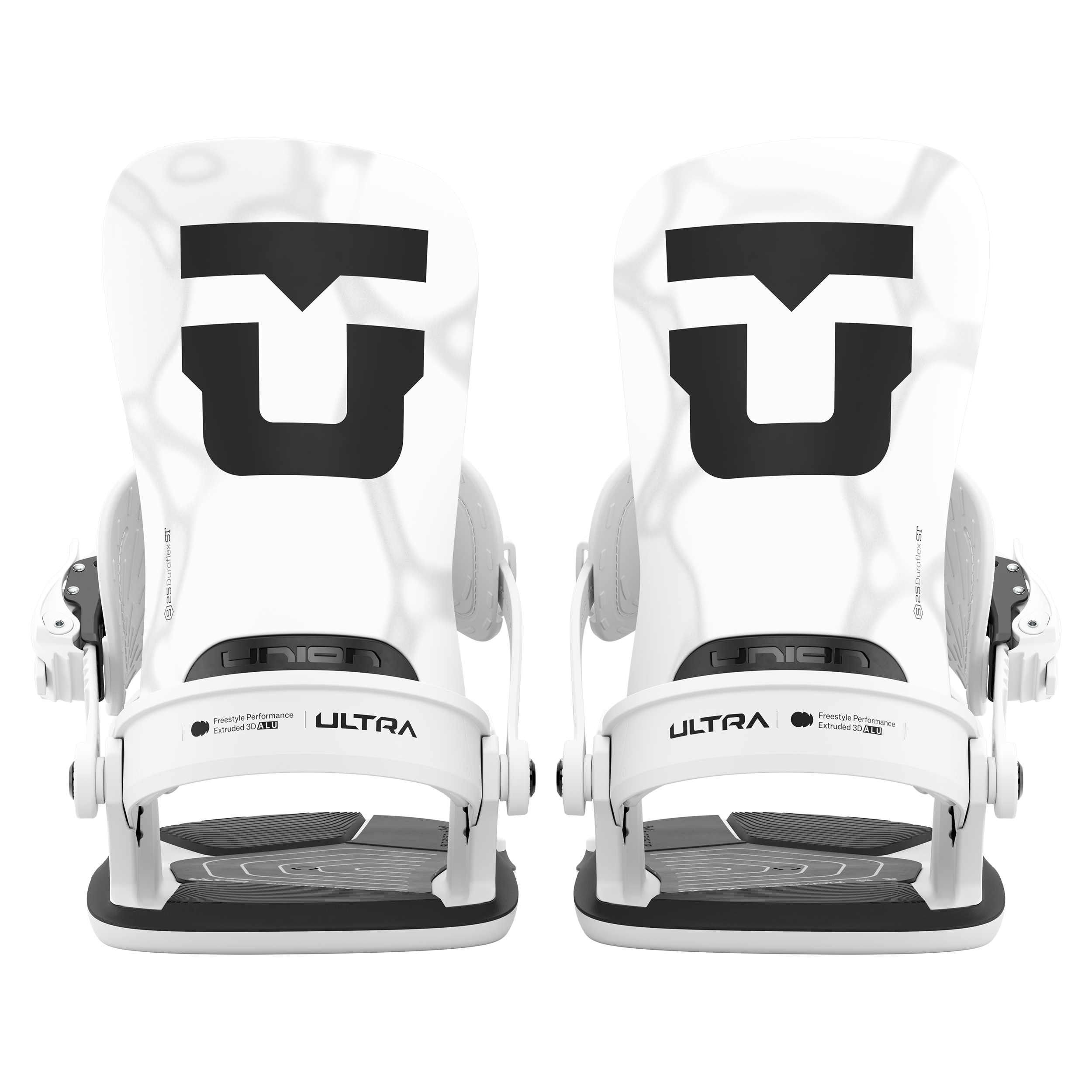 Union Ultra Men's snowboard binding in white, rear view showing straps and high-back design for snowboarding.