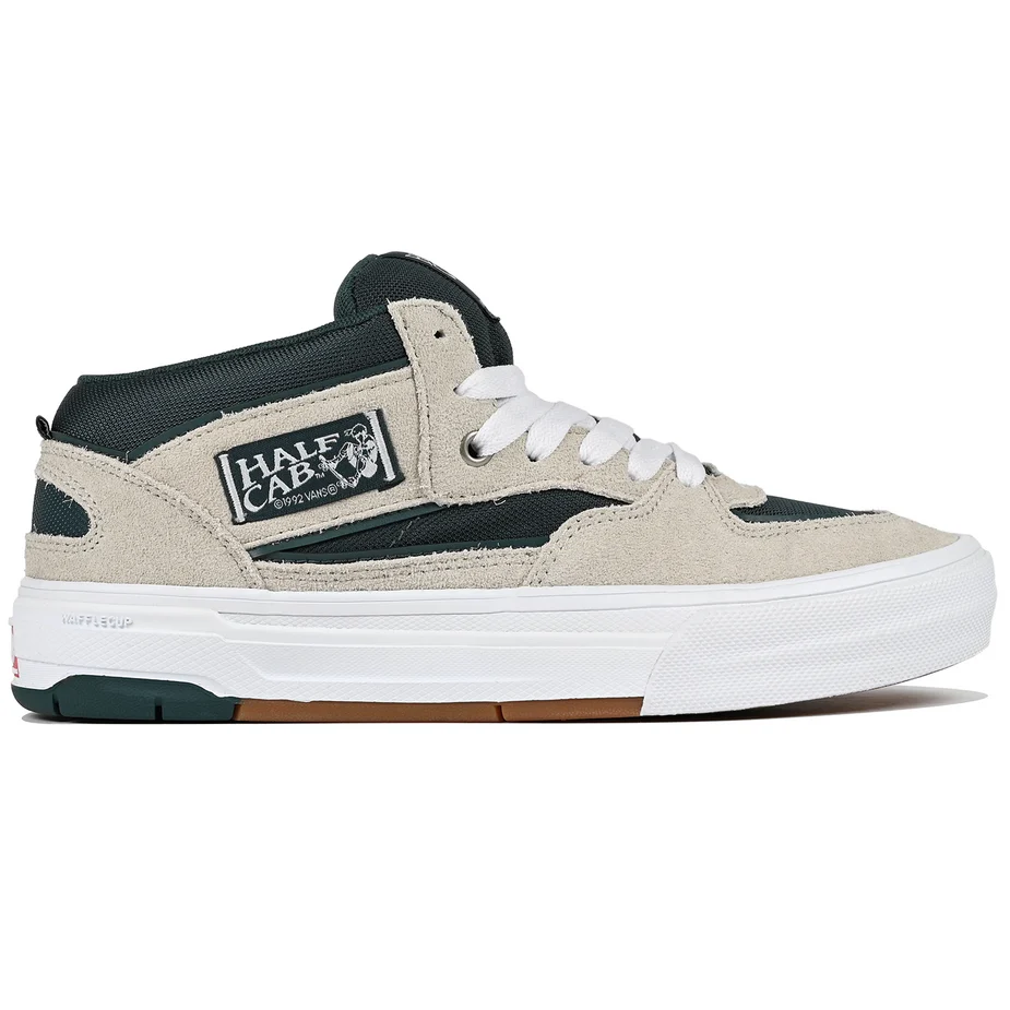 Vans Skate Half Cab Wafflecup shoes for men with oatmeal and deep teal color, featuring skateboarding-inspired design and durable construction.